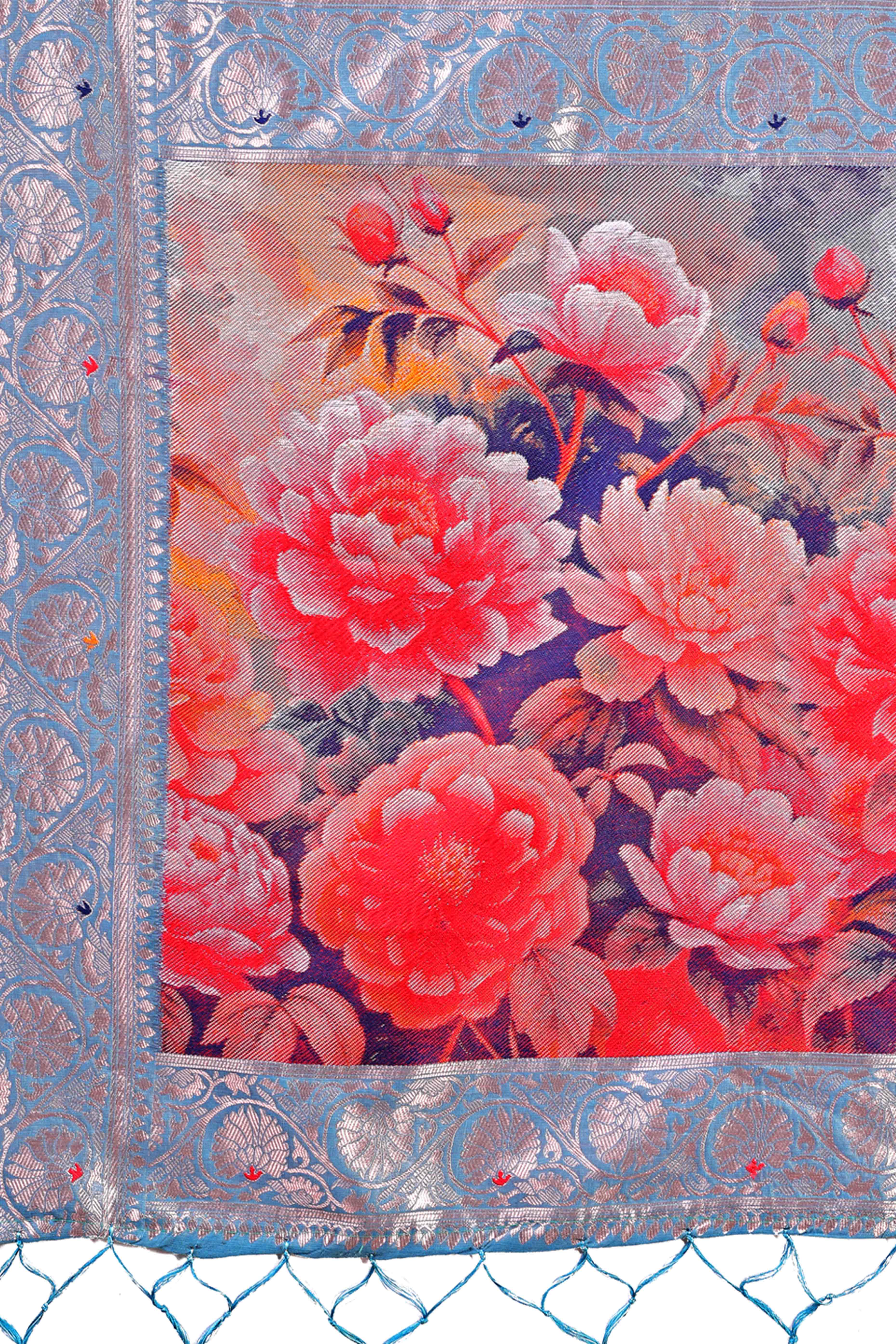 Sky Blue Linen Cotton Silk Saree Adorned With Intricate Floral Zari Weaving & Tassel Pallu - Image 7