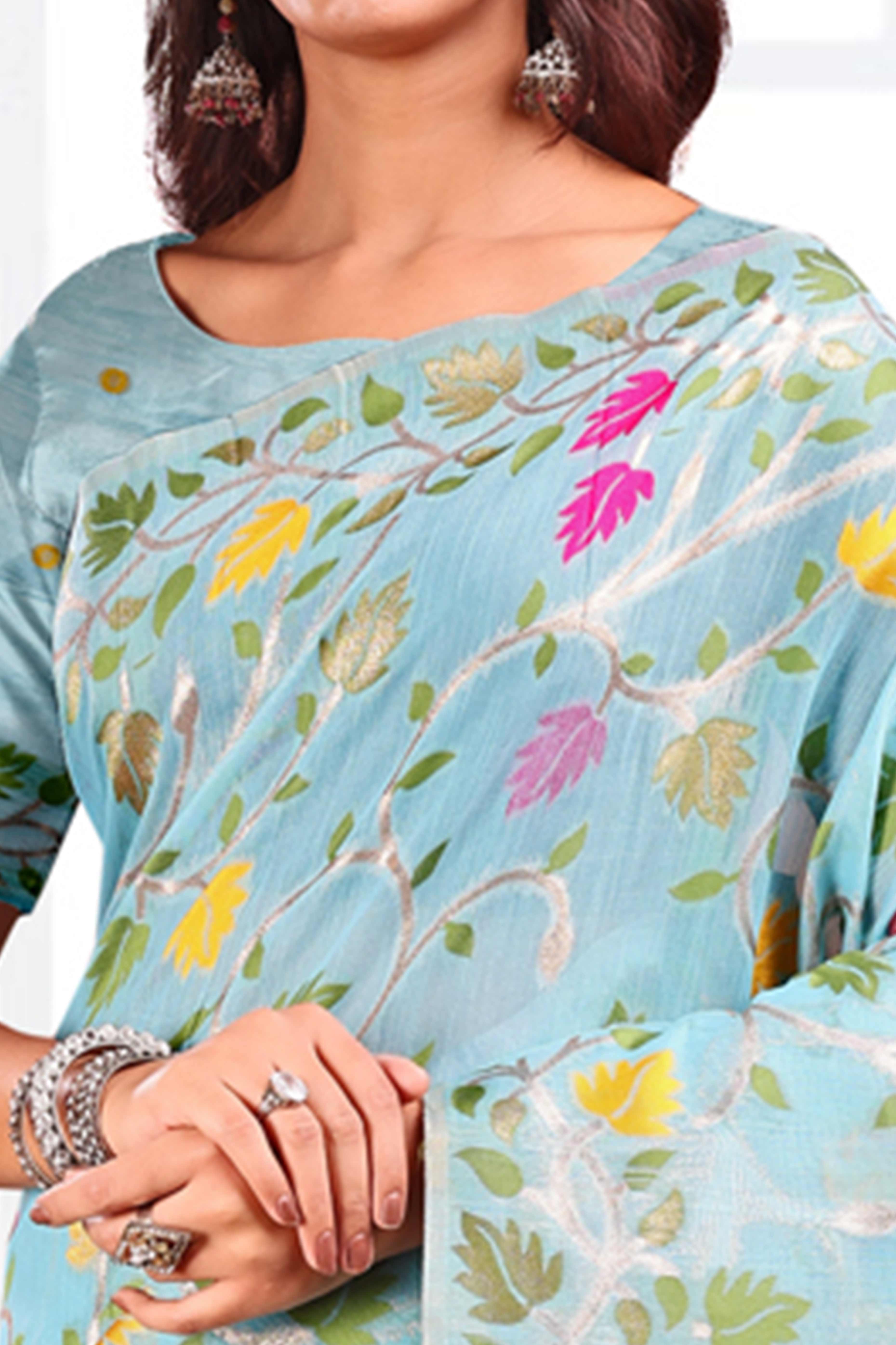 Sky Blue Linen Cotton Silk Saree Enhanced With Floral Zari Weaving & Tasselled Pallu Finish - Image 2