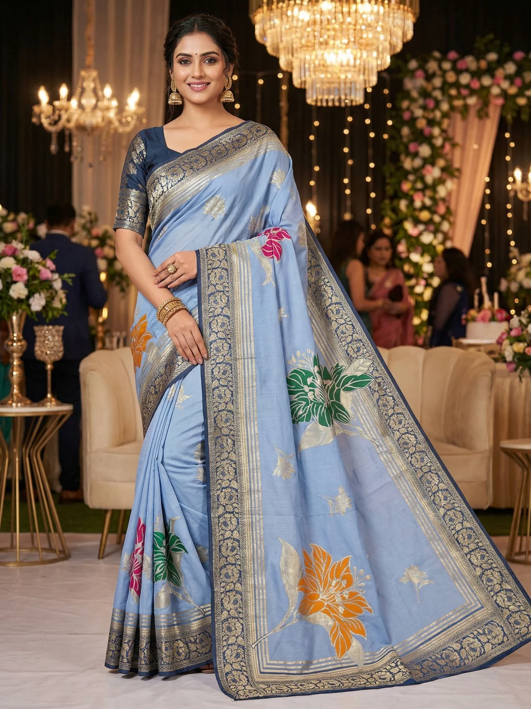 Sky Blue Muslin Saree with Floral Zari Weaving Work and Intricate Woven Detailing