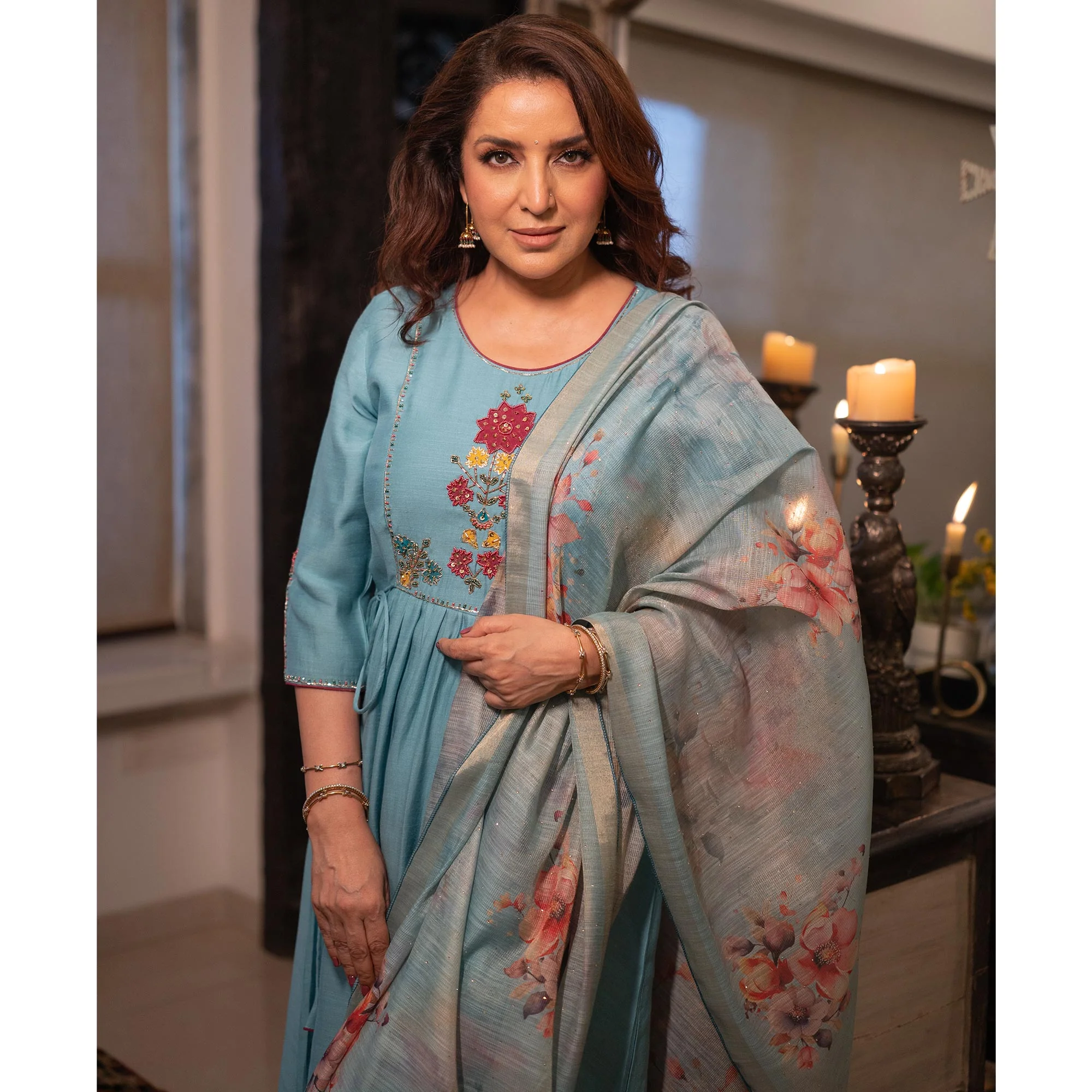 Sky Blue Neck Embroidered Viscose A-Line Salwar Suit - Image 5