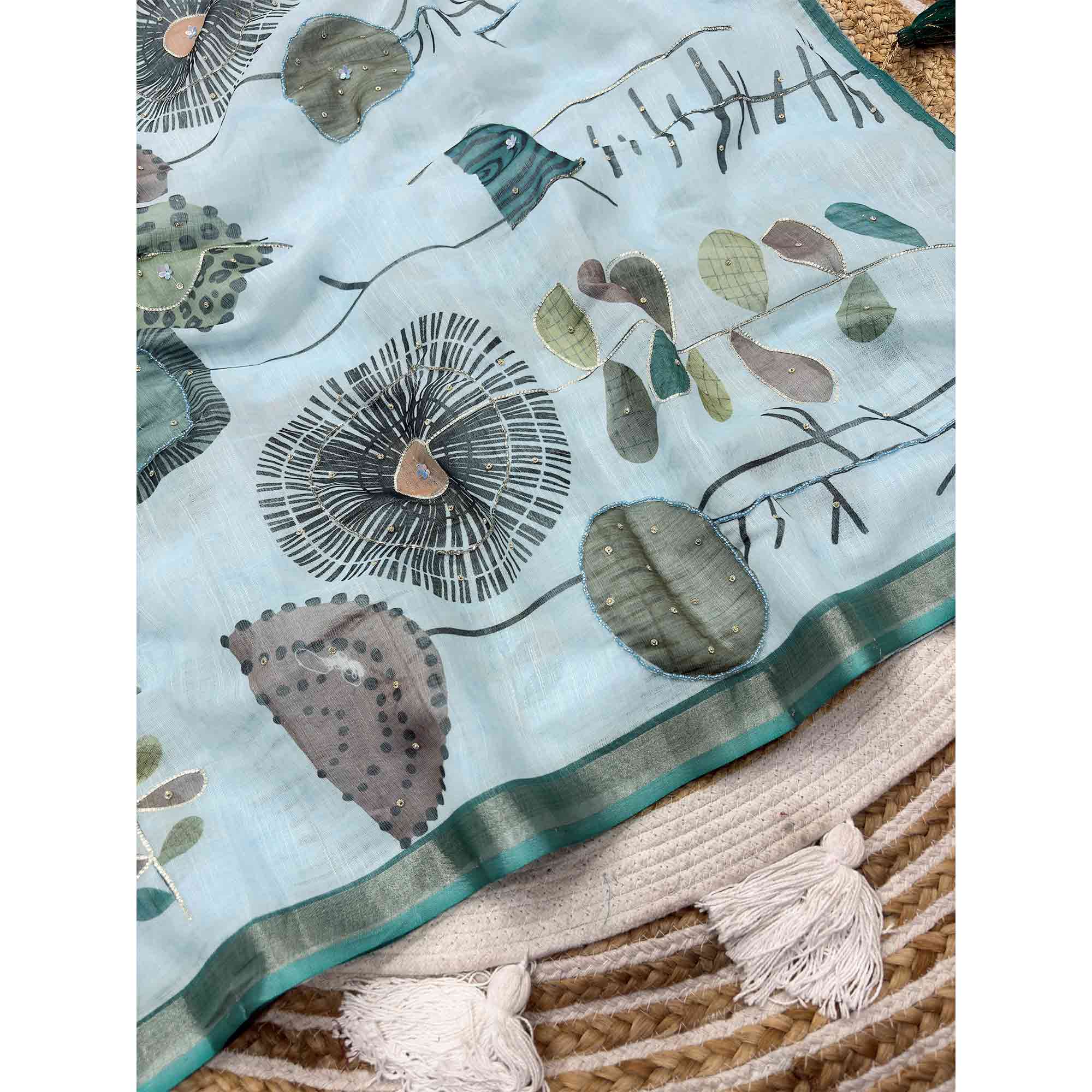 Sky Blue Pure Soft Linen Saree with Elegant Prints and Delicate Stone Work Embellishment - Image 5