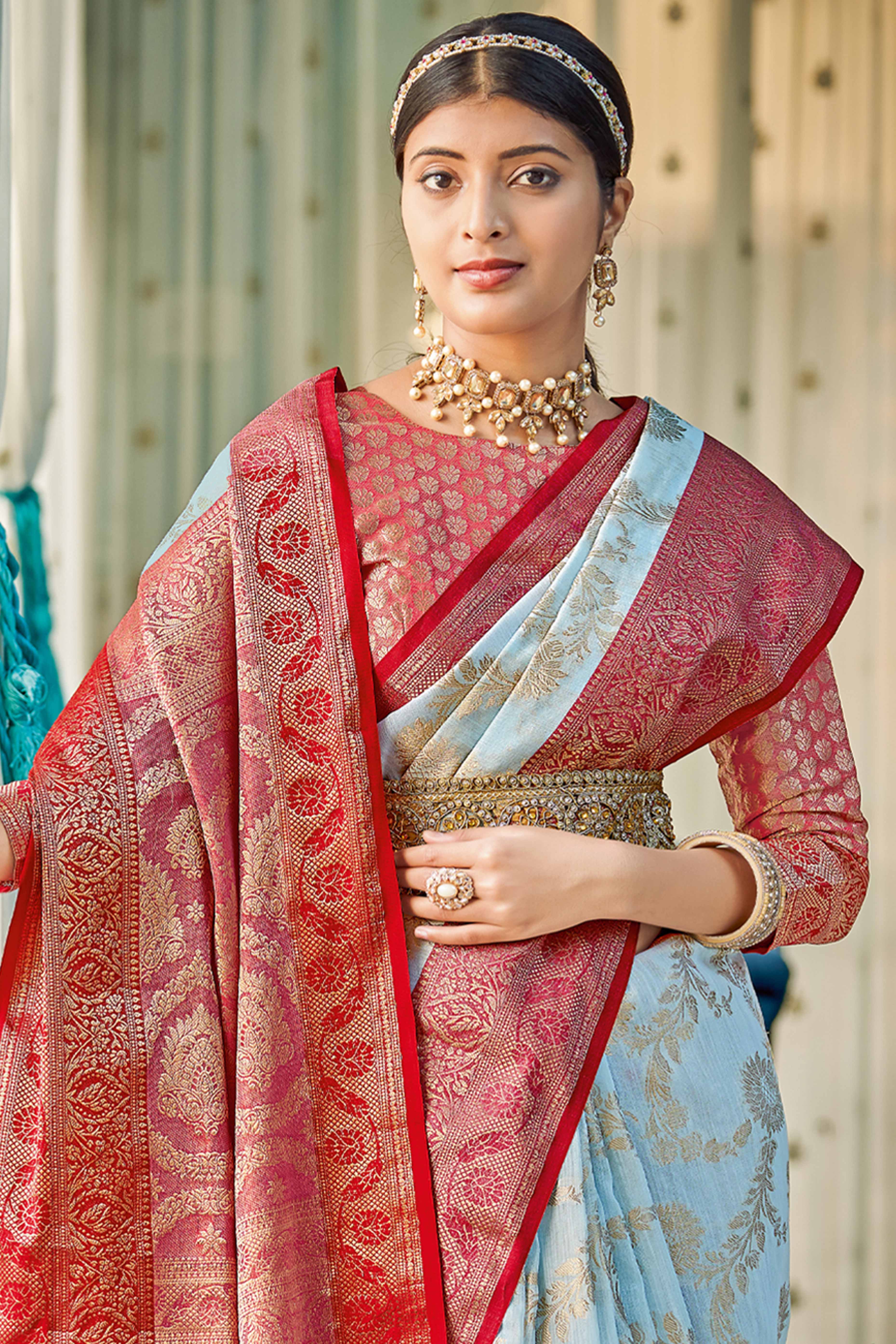 Sky Blue Saree Featuring Exquisite Floral Zari Weaving On Linen Cotton - Image 3