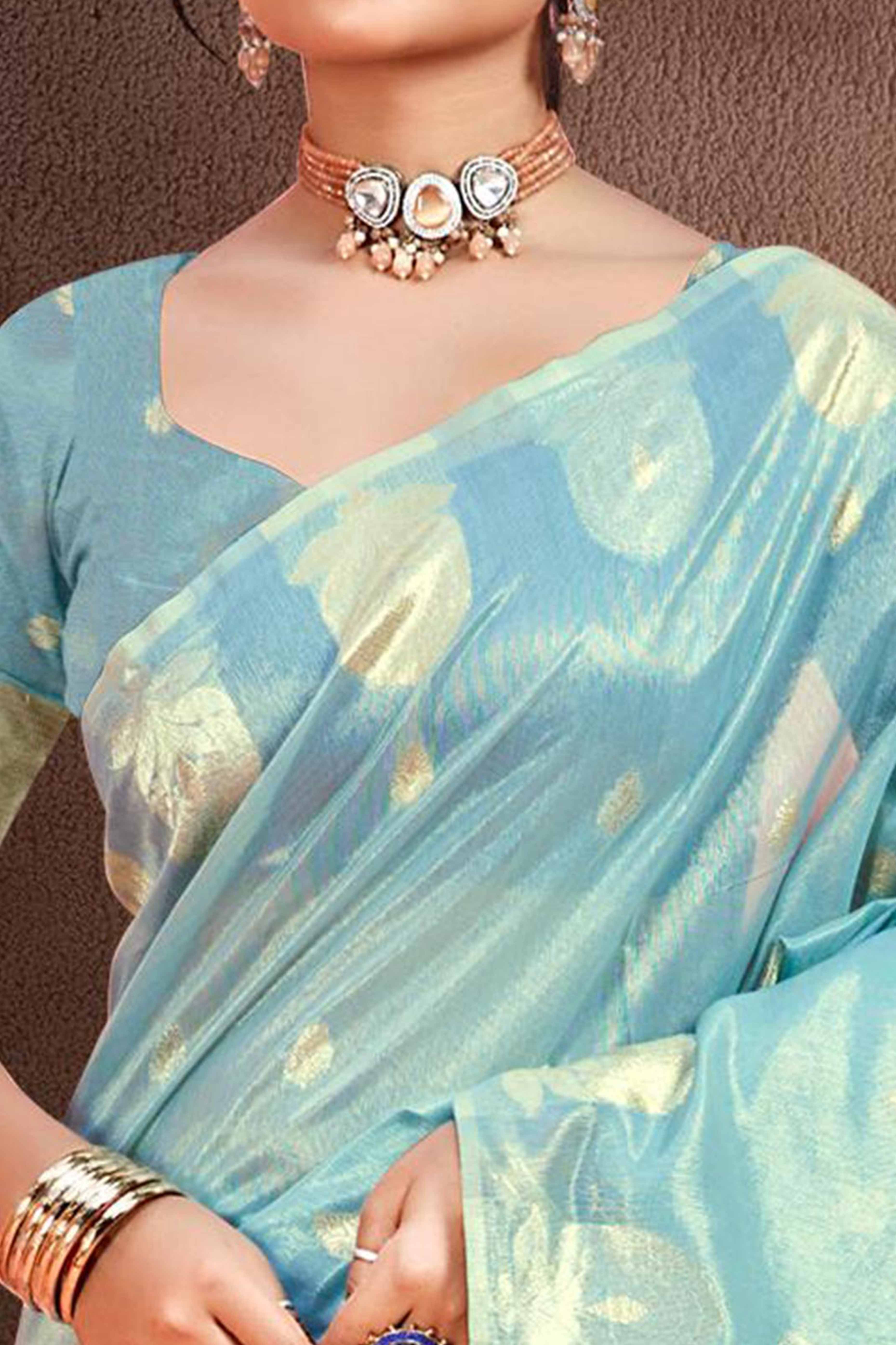 Sky Blue Saree with Traditional Zari Detailing in Munga Kota Doria - Image 2