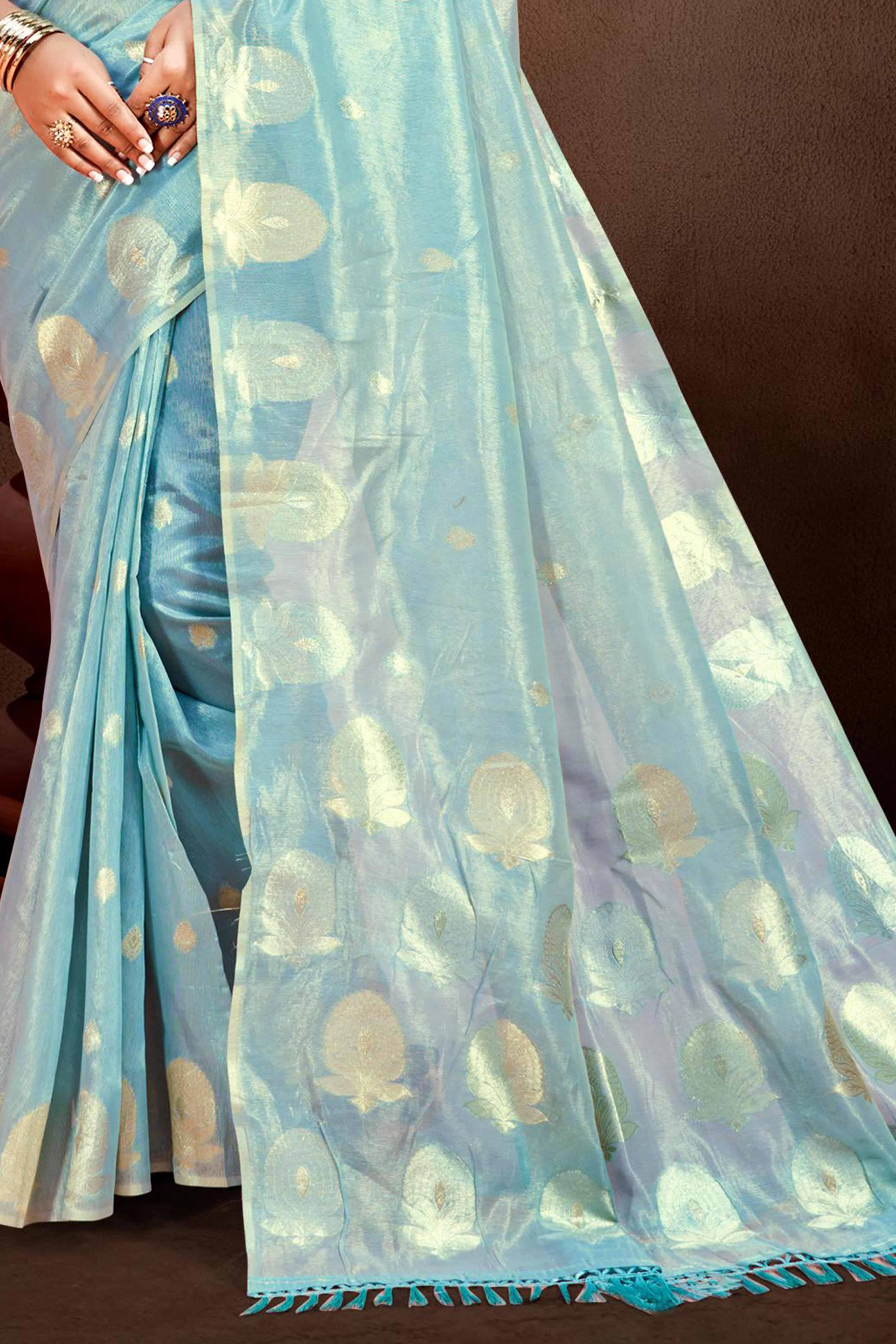 Sky Blue Saree with Traditional Zari Detailing in Munga Kota Doria - Image 4