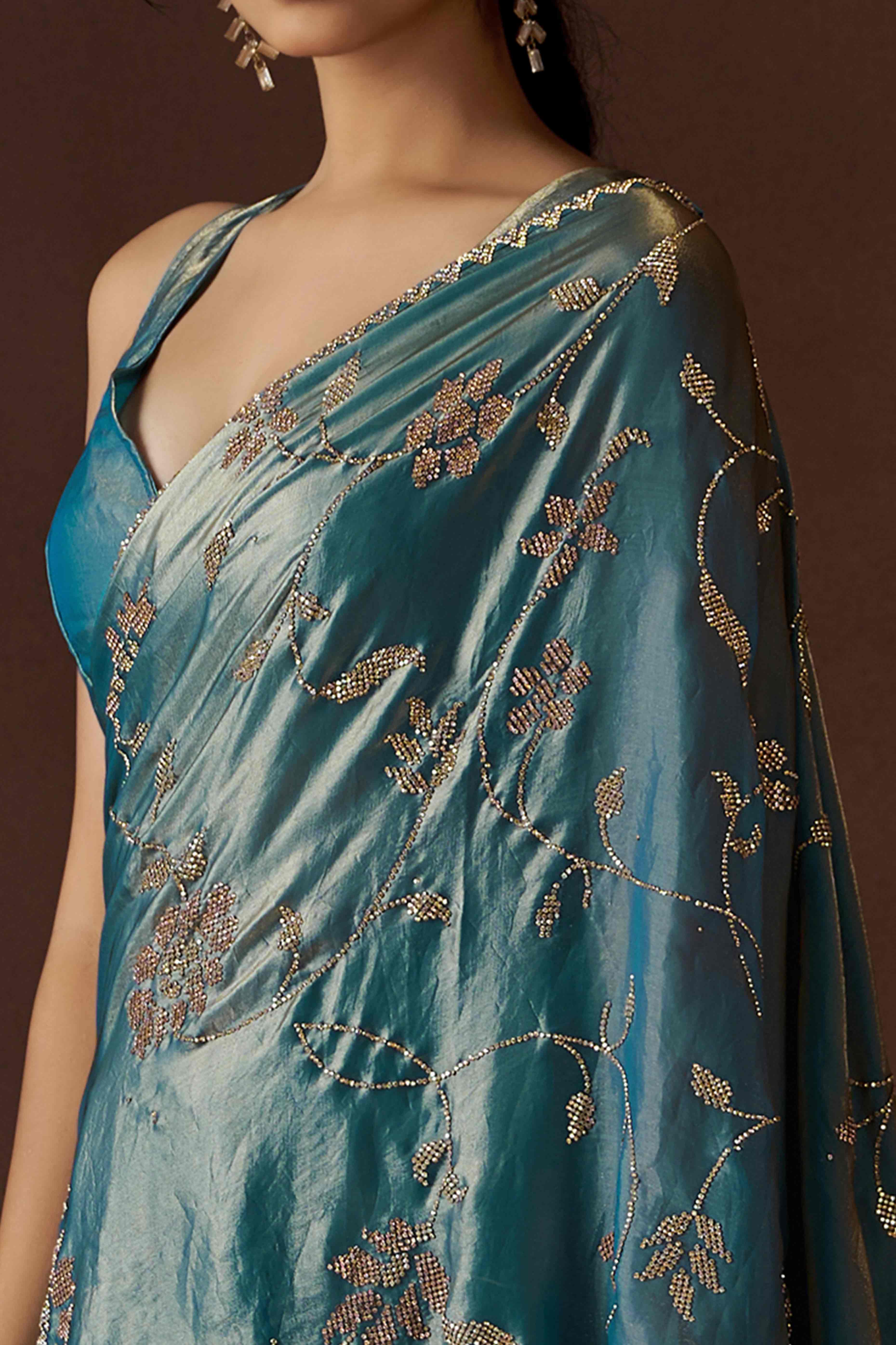 Sky Blue Satin Saree with Exquisite Stone Embellishments - Image 2