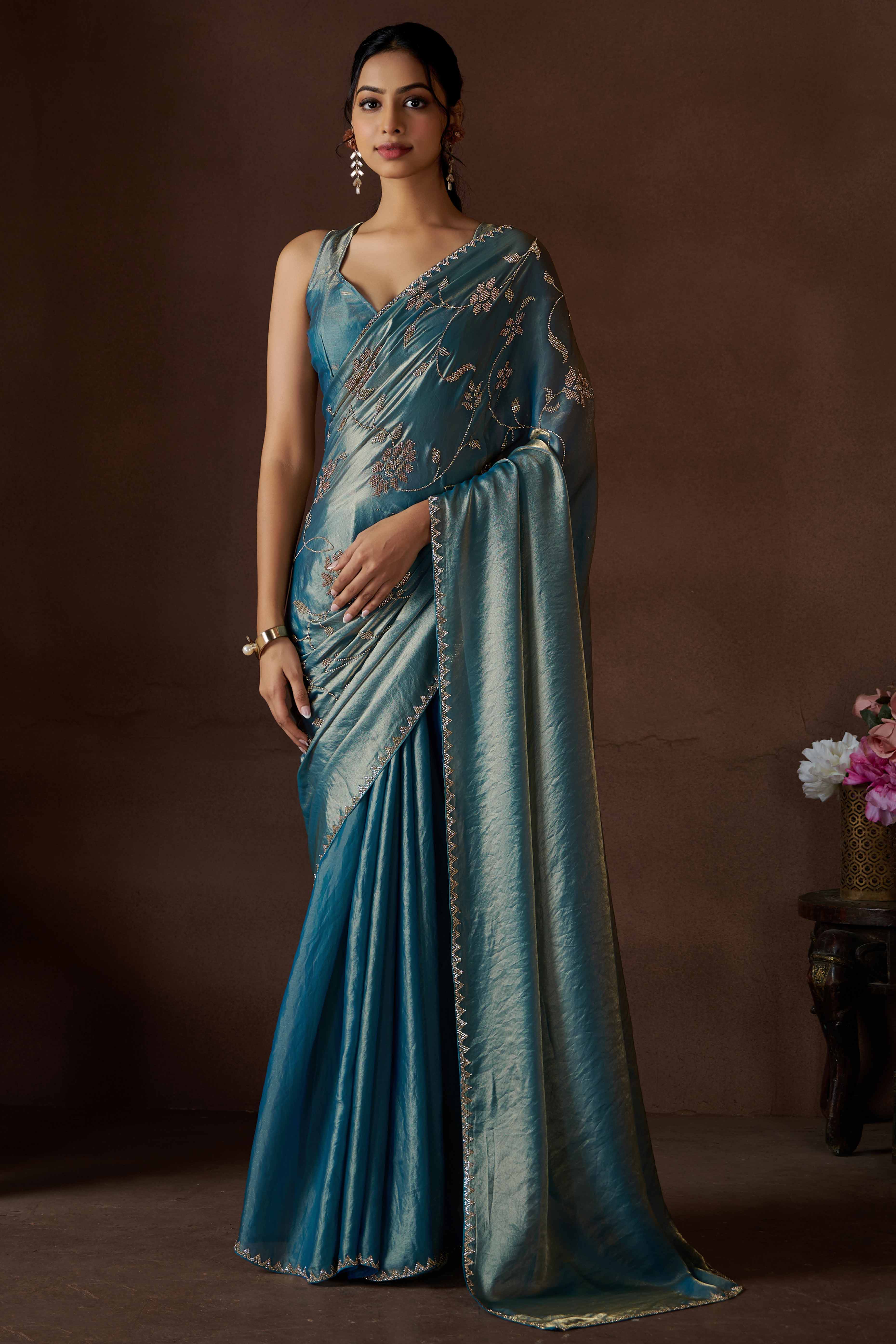 Sky Blue Satin Saree with Exquisite Stone Embellishments - Image 3