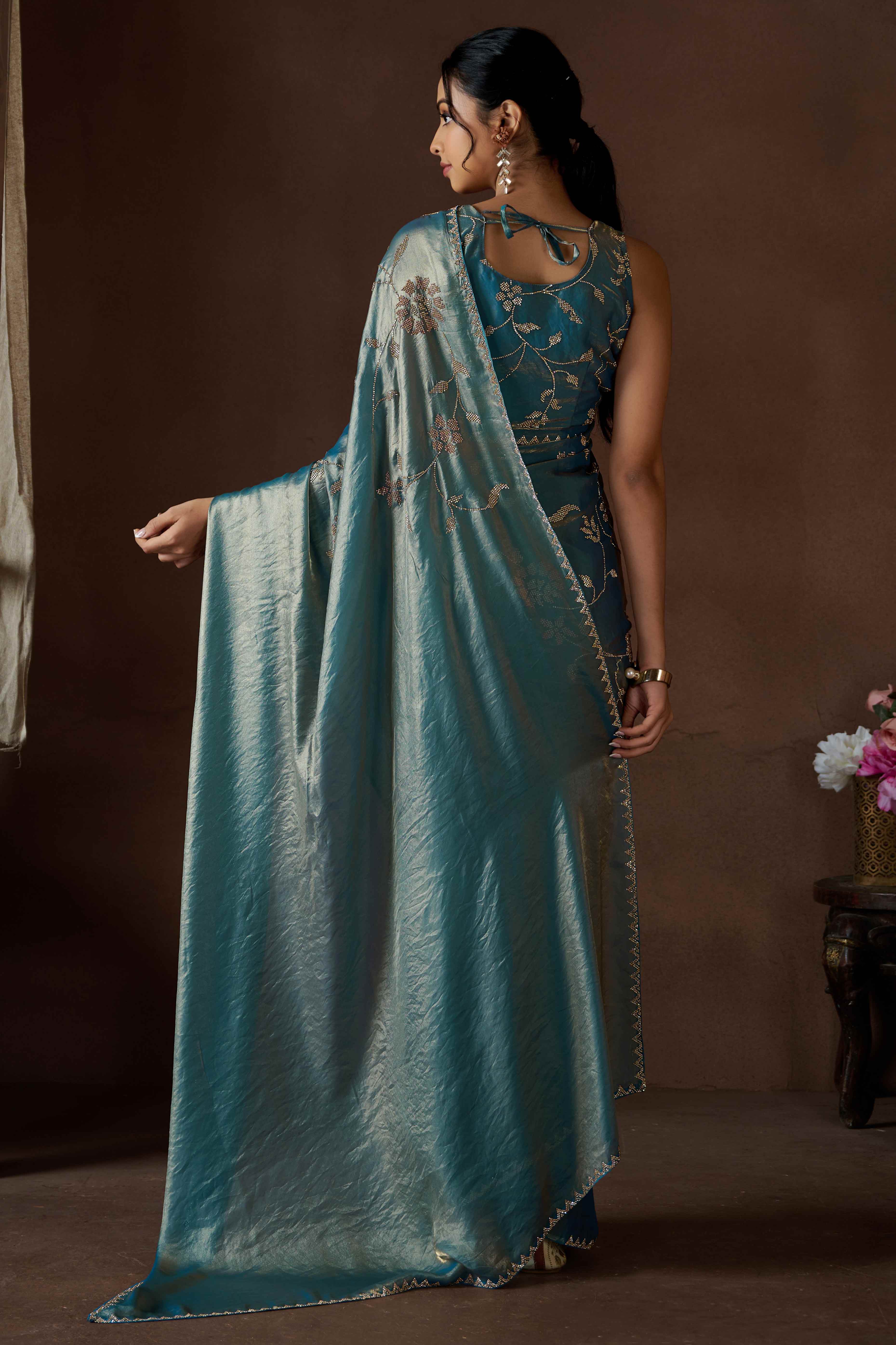 Sky Blue Satin Saree with Exquisite Stone Embellishments - Image 4