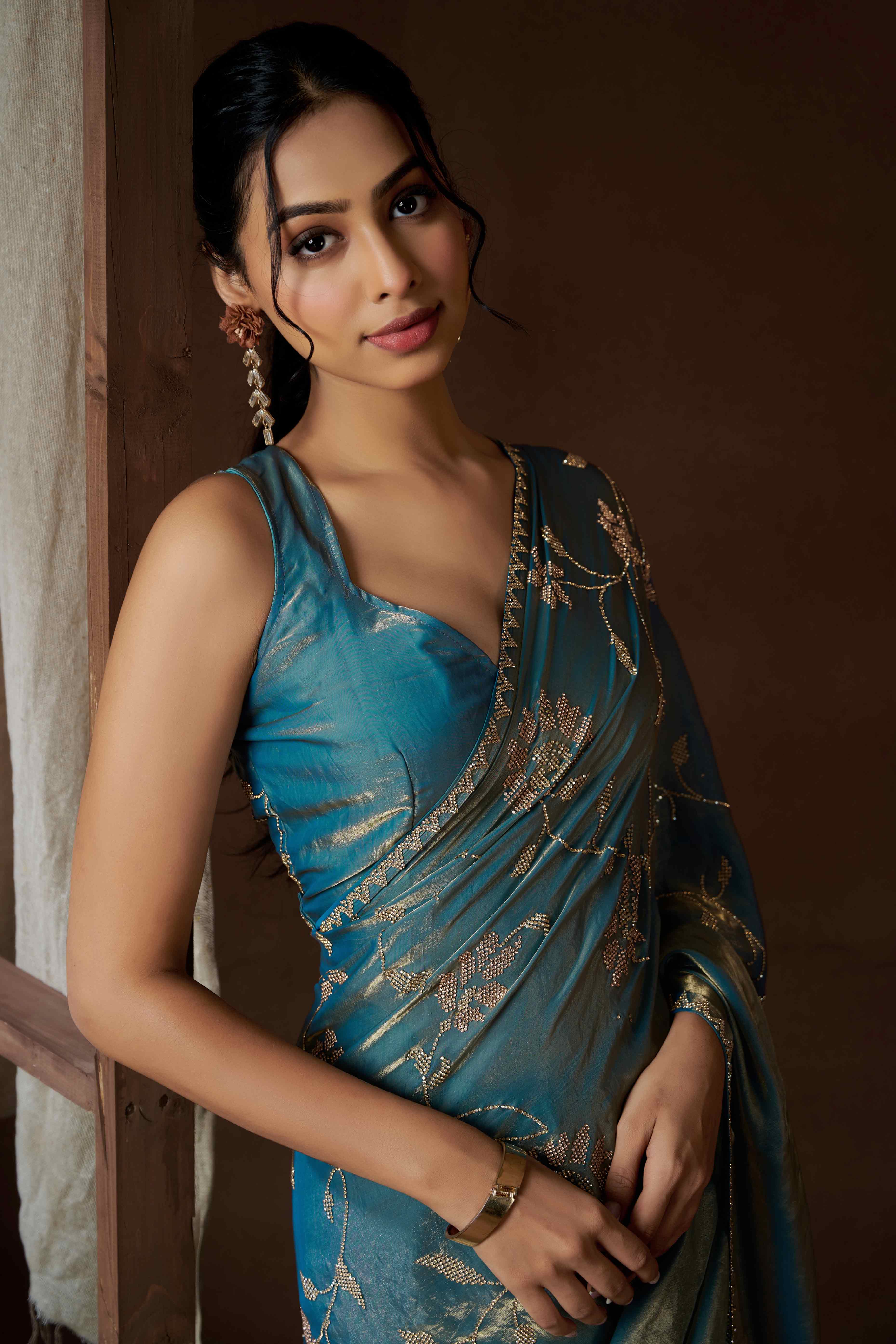 Sky Blue Satin Saree with Exquisite Stone Embellishments - Image 5