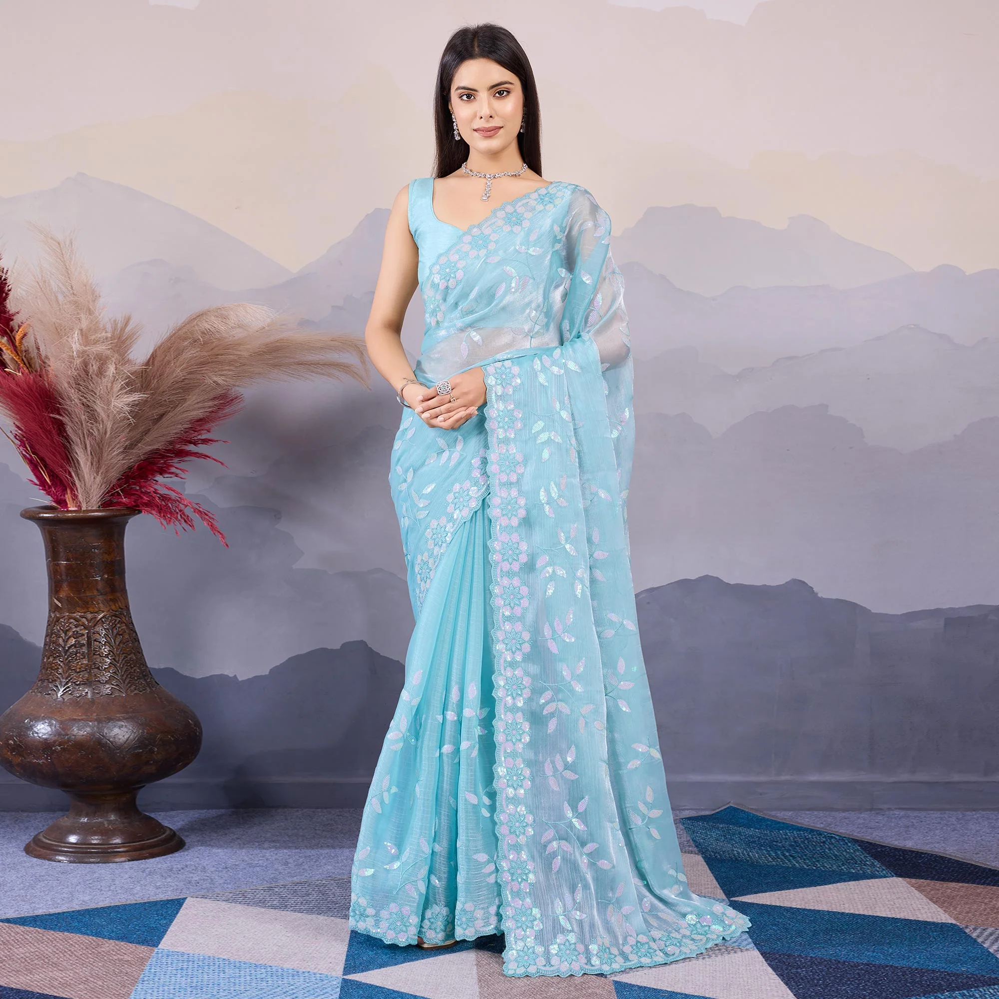 Sky Blue Sequins Embroidered Art Silk Saree - Image 2