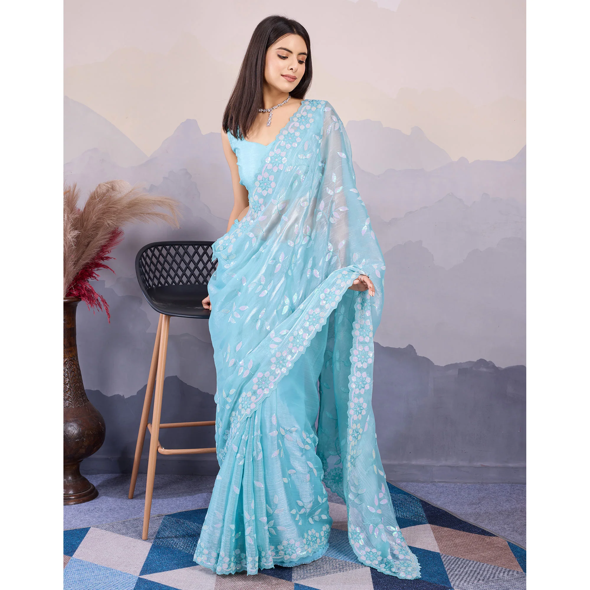 Sky Blue Sequins Embroidered Art Silk Saree - Image 4