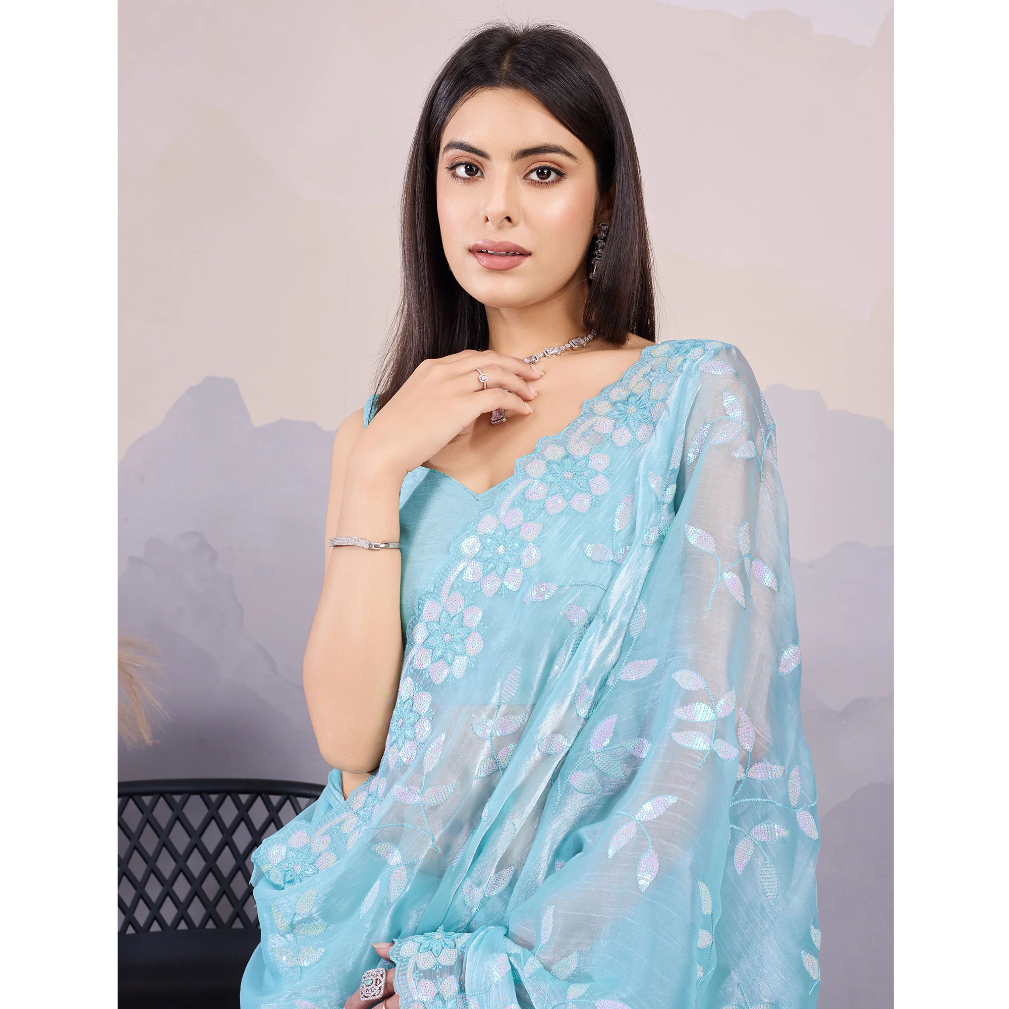 Sky Blue Sequins Embroidered Art Silk Saree - Image 7