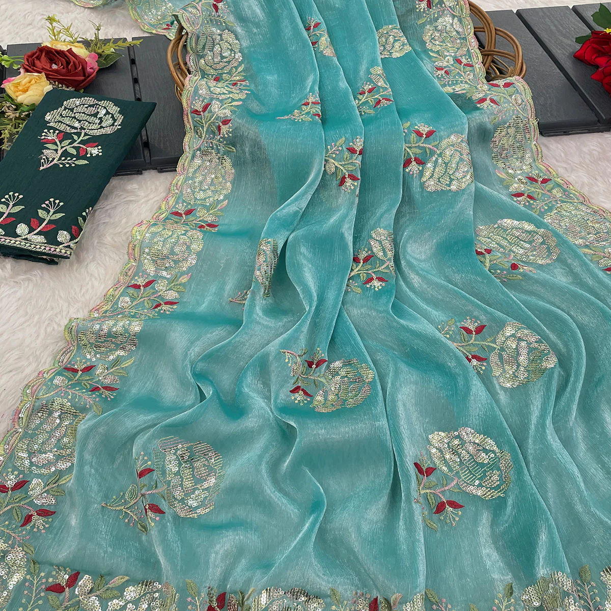 Sky Blue Sequins Work Embroidered Chiffon Saree - Image 2