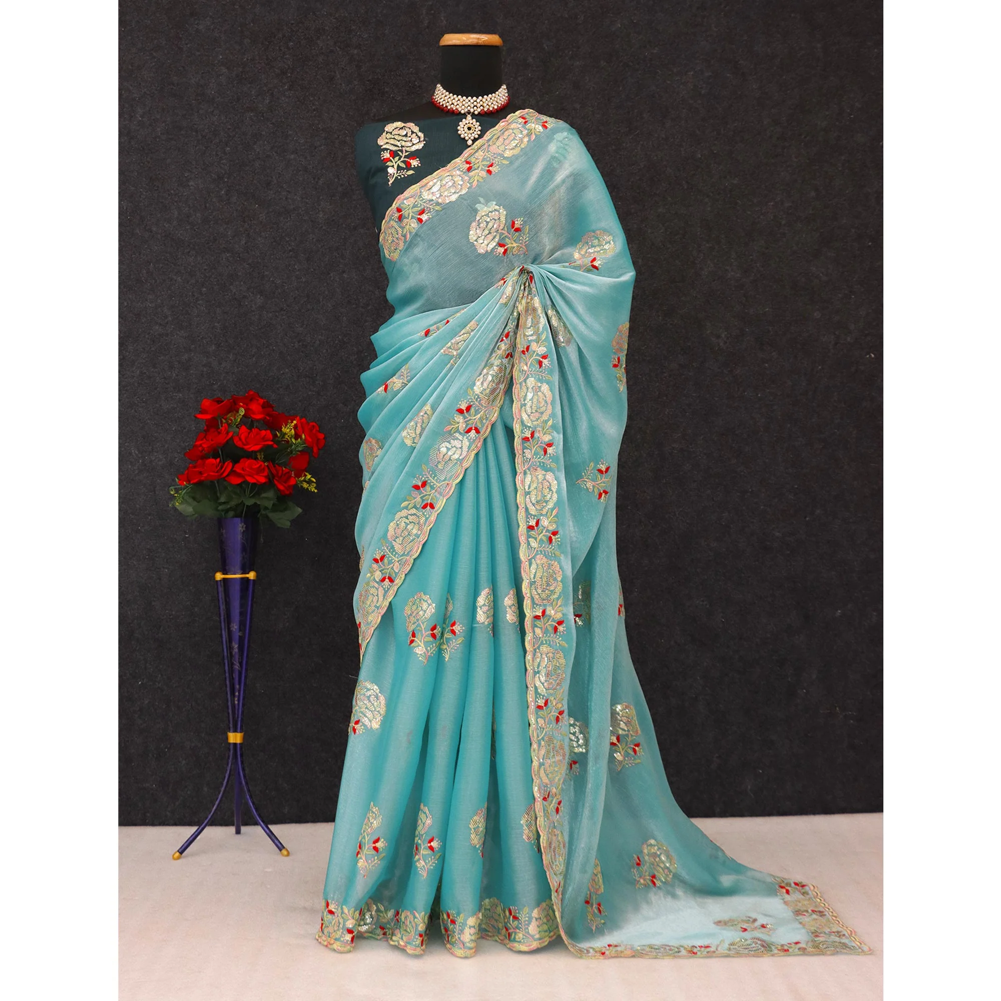 Sky Blue Sequins Work Embroidered Chiffon Saree - Image 4