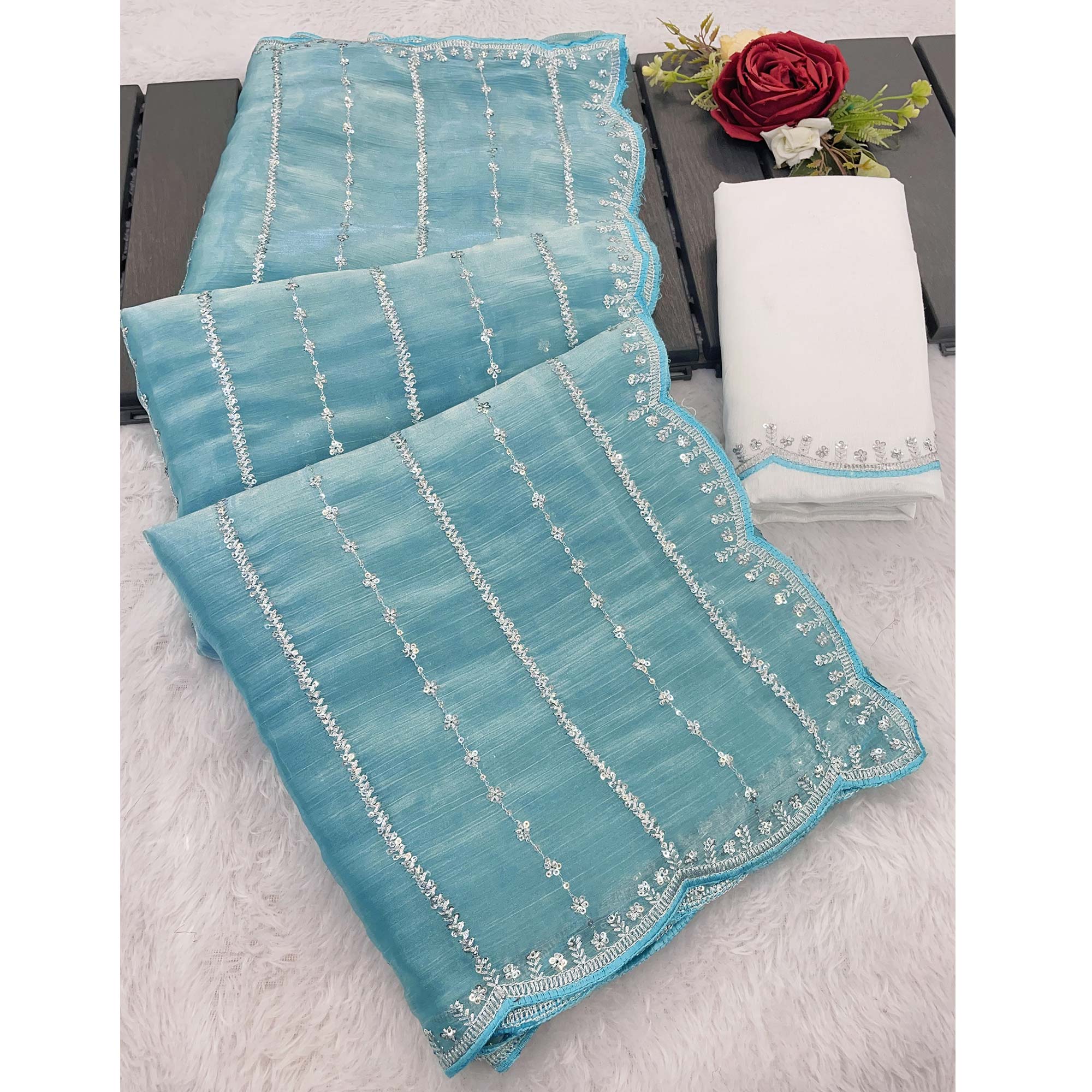Sky Blue Sequins Work Embroidered Chiffon Saree - Image 5