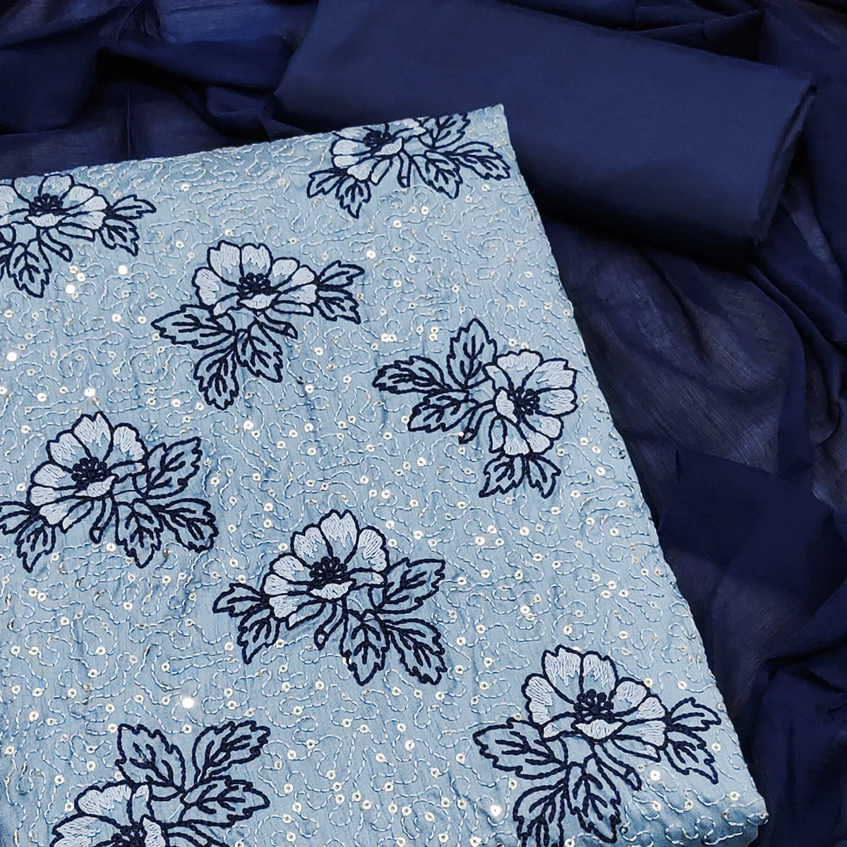 Sky Blue Silk Blend Dress Material with Sequin Embroidery - Image 2