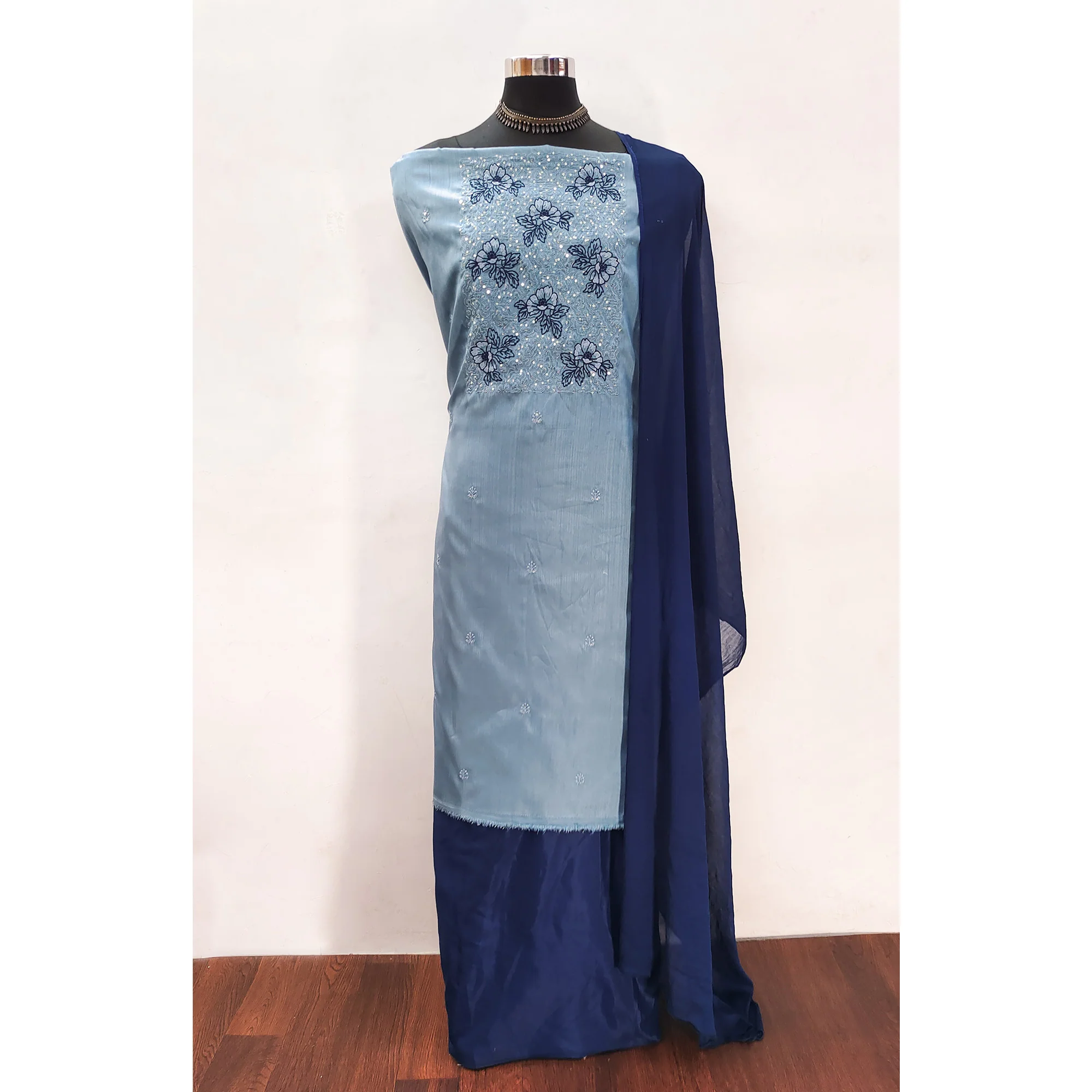 Sky Blue Silk Blend Dress Material with Sequin Embroidery - Image 3