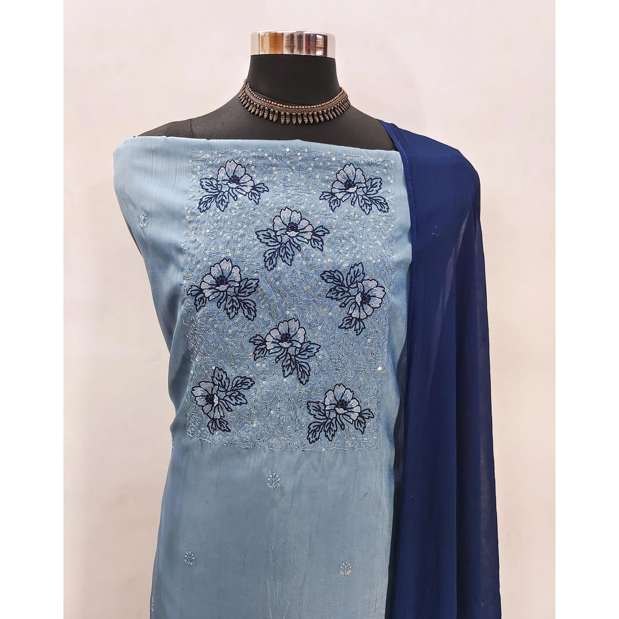 Sky Blue Silk Blend Dress Material with Sequin Embroidery - Image 4