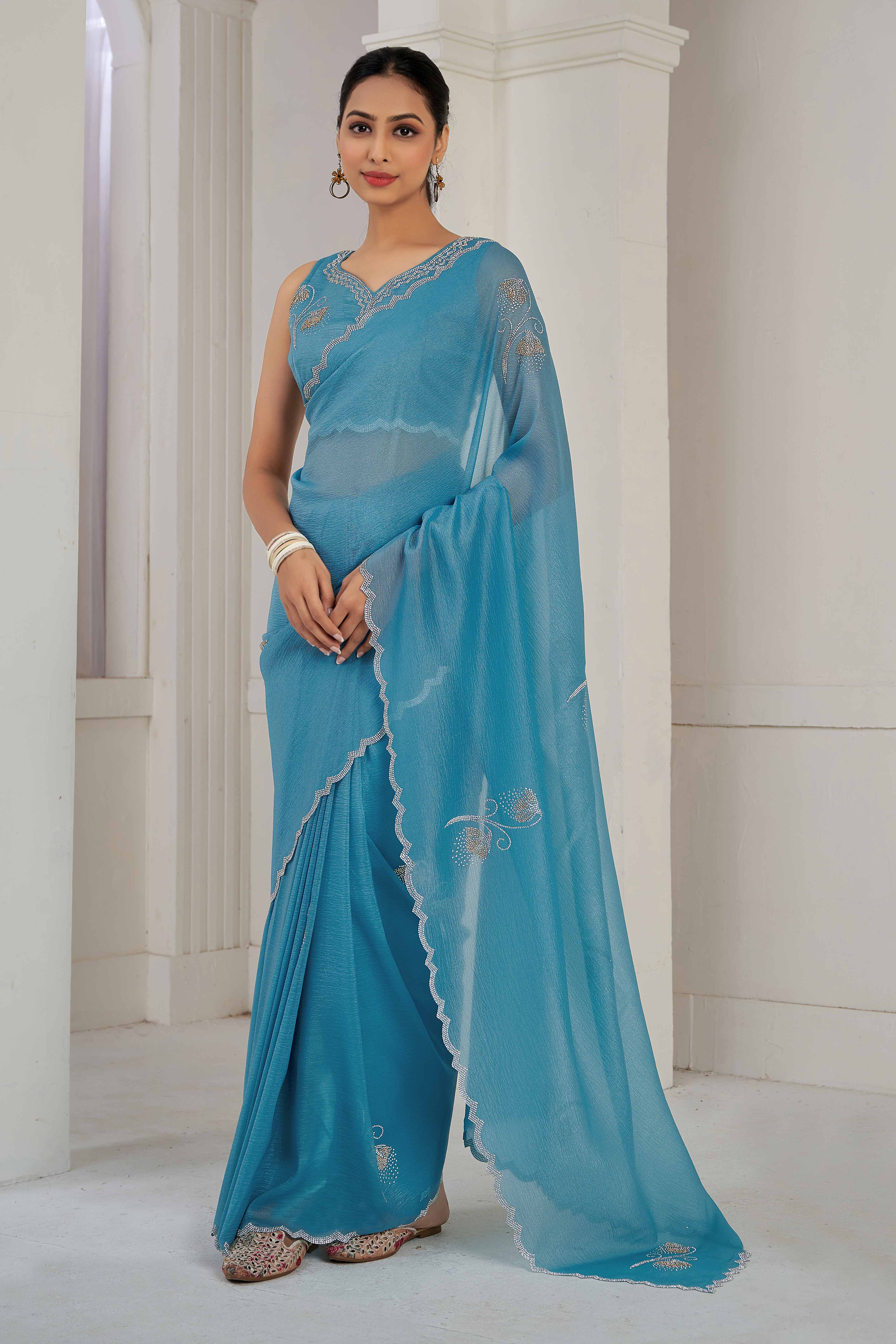 Sky Blue Stone Work Embroidered Crepe Silk Saree - Image 4