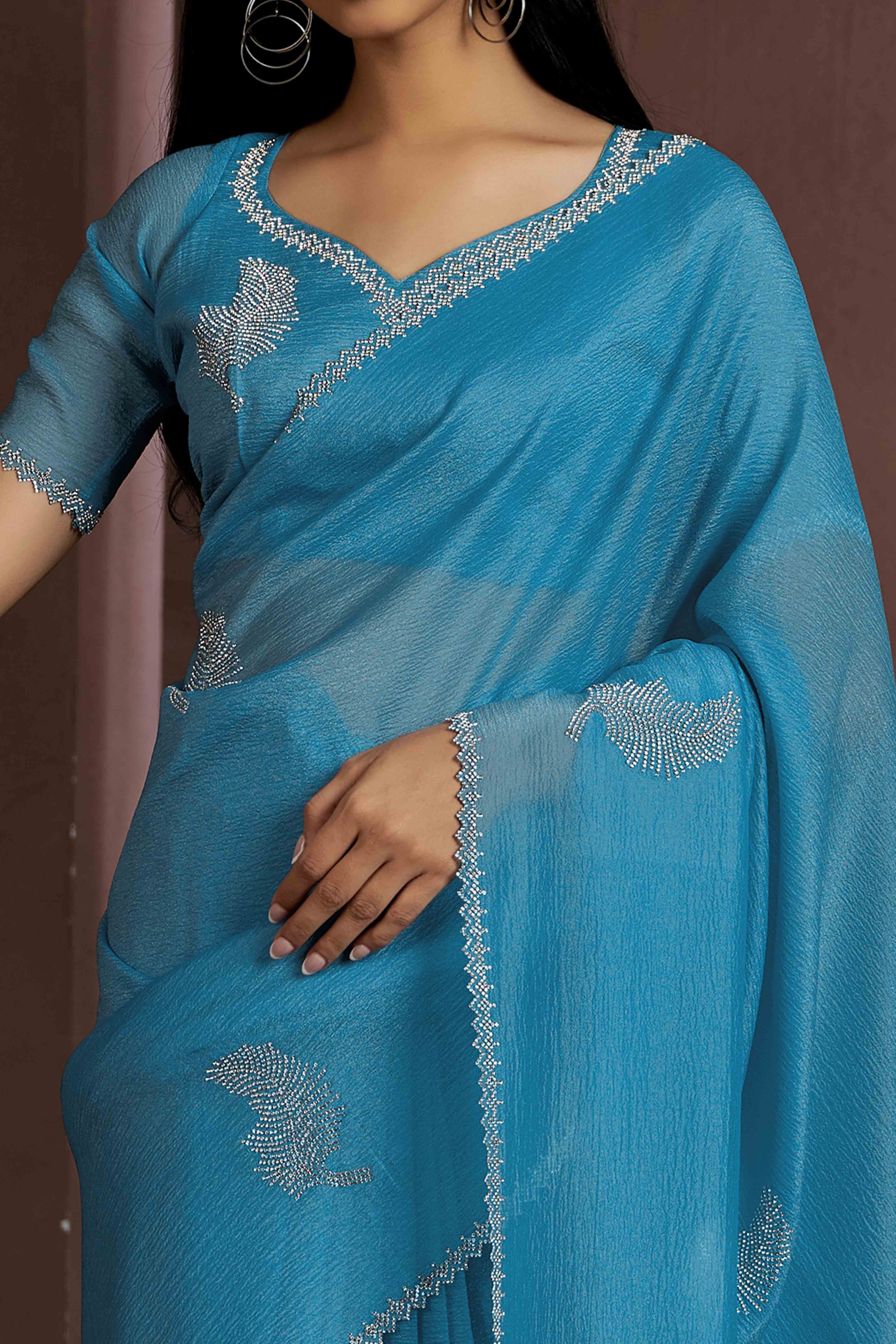 Sky Blue Stone Work Embroidered Pure Silk Saree - Image 2