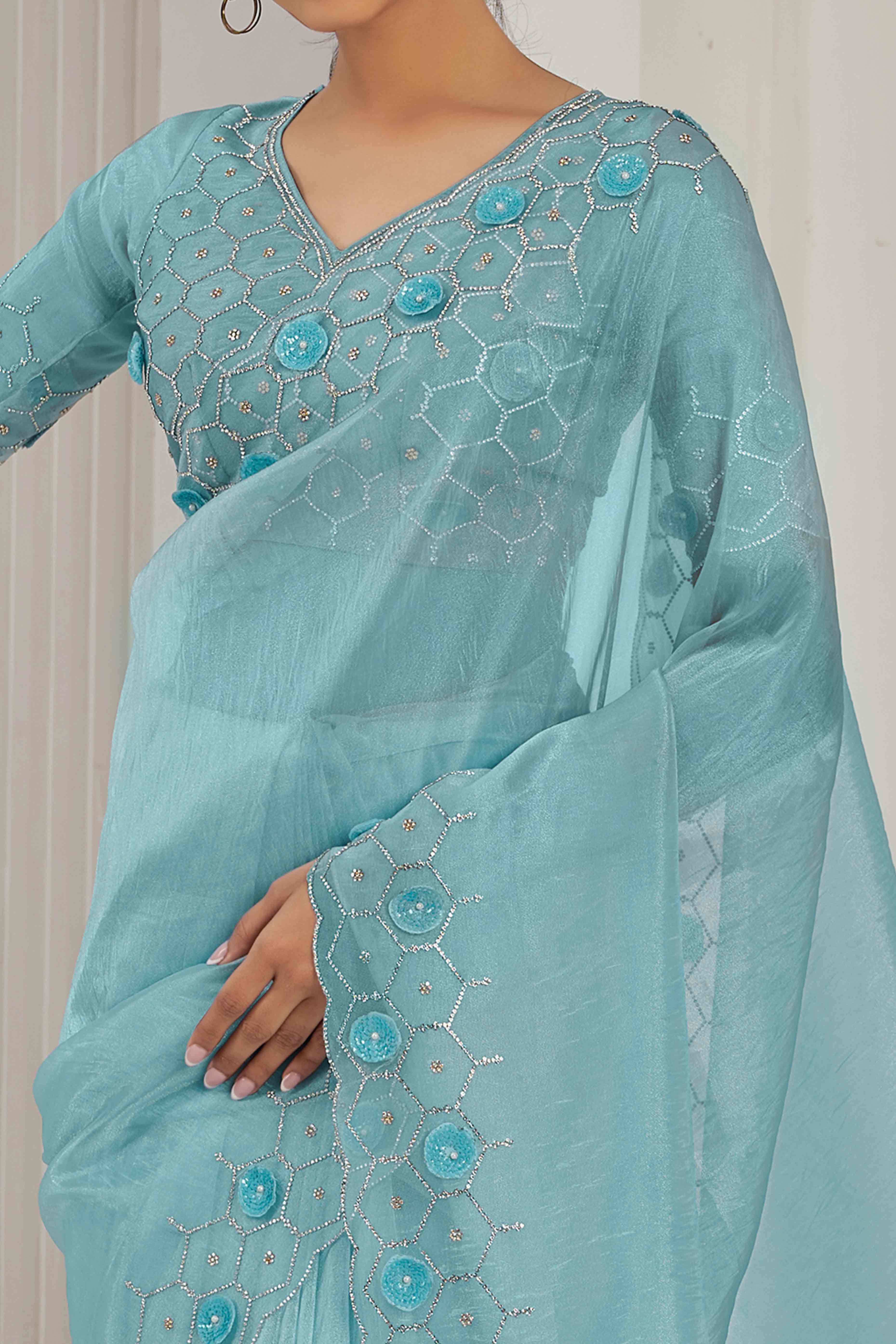 Sky Blue Stone Work Soft Organza Saree - Image 2