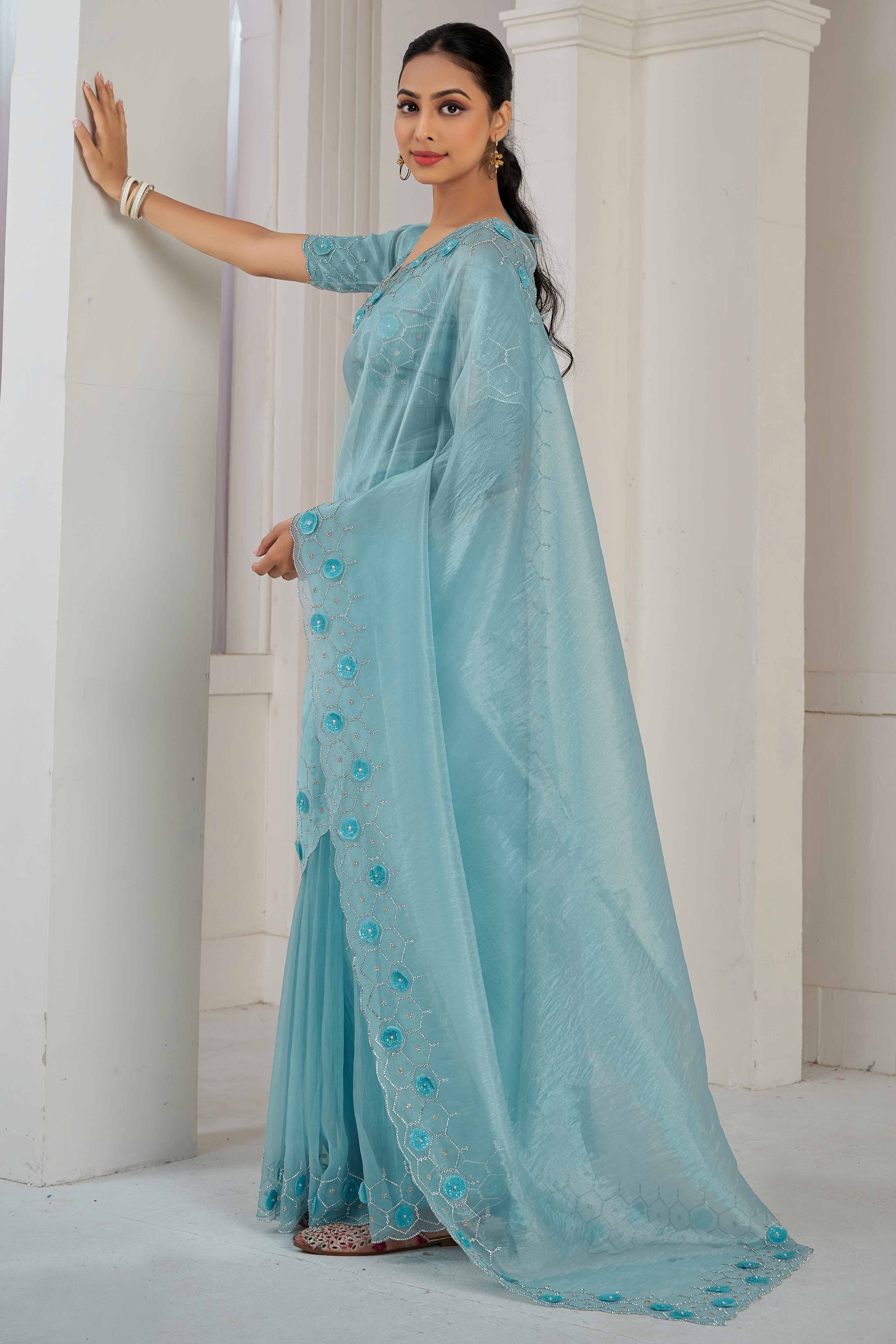 Sky Blue Stone Work Soft Organza Saree - Image 3