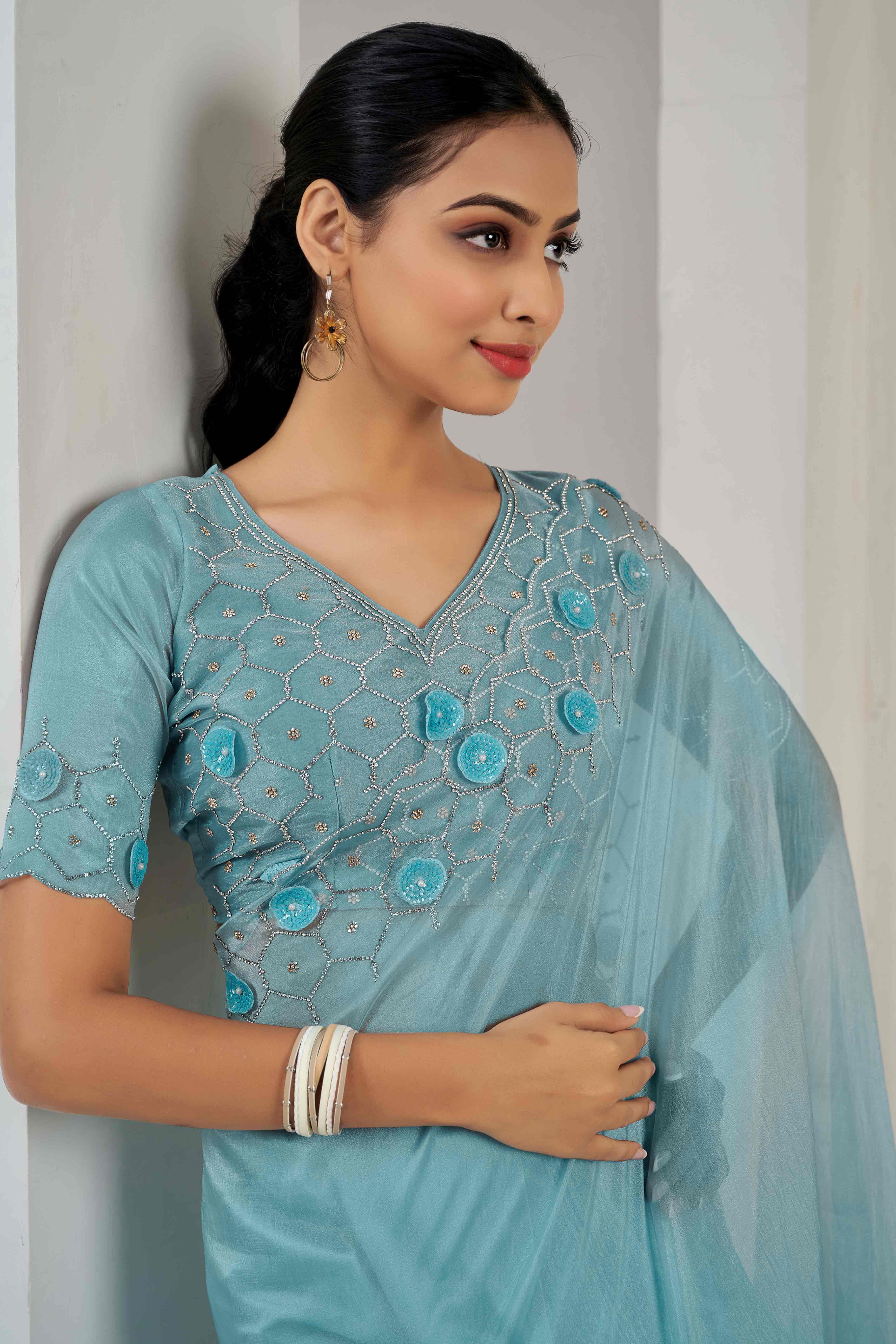 Sky Blue Stone Work Soft Organza Saree - Image 4