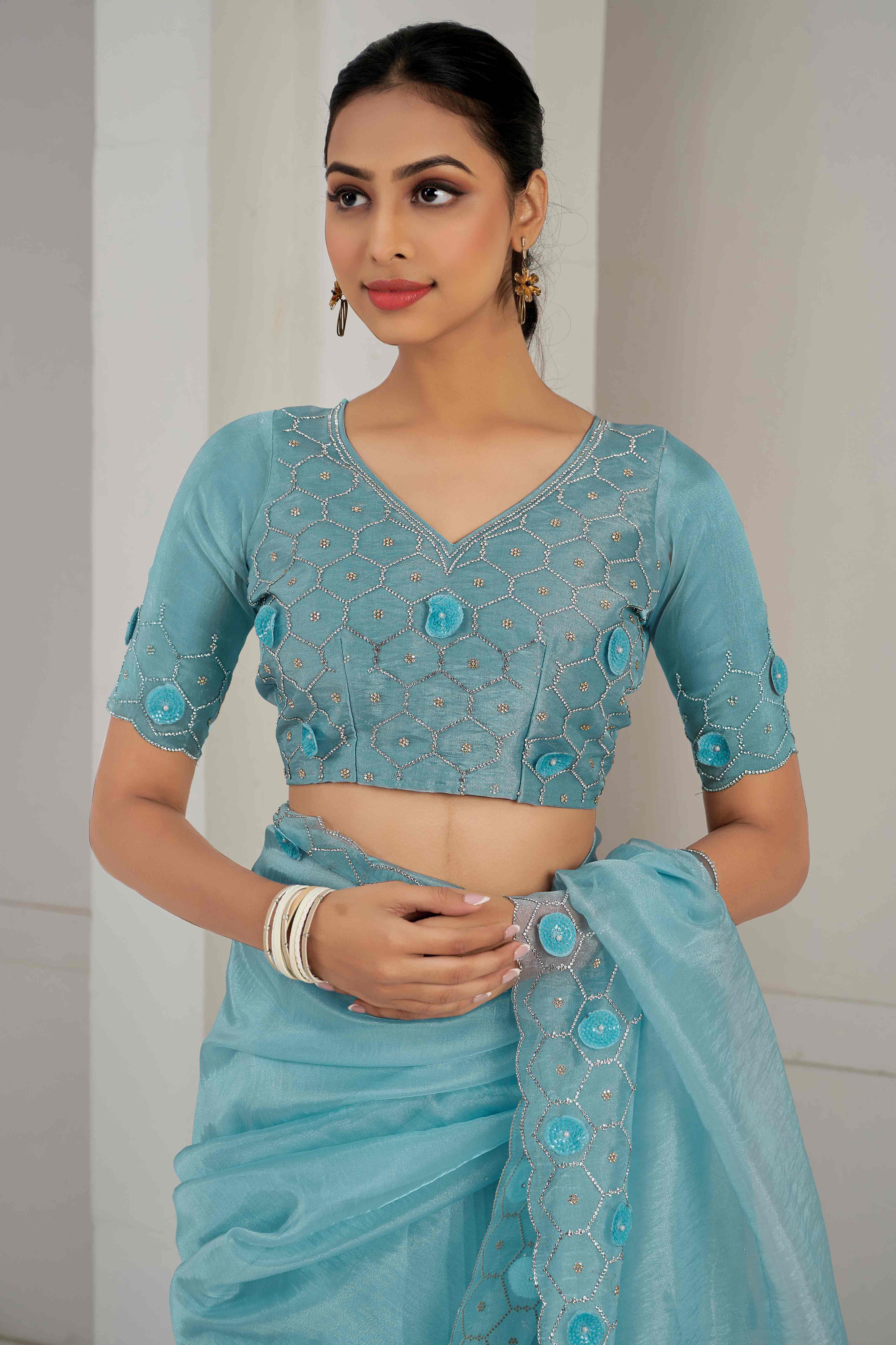 Sky Blue Stone Work Soft Organza Saree - Image 5