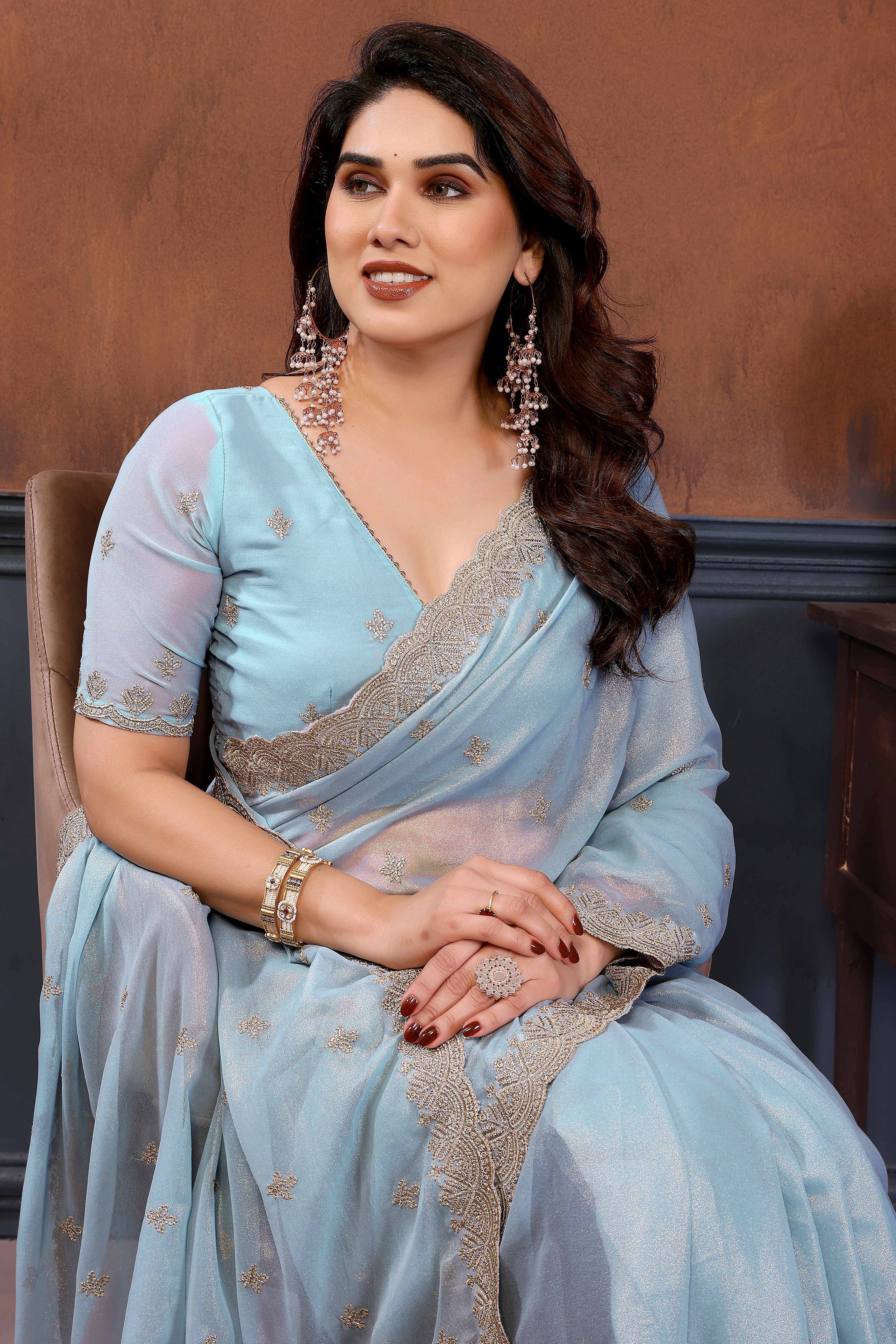 Sky Blue Thread Work Embroidered Georgette Saree Elegant Lightweight Partywear Drape - Image 6