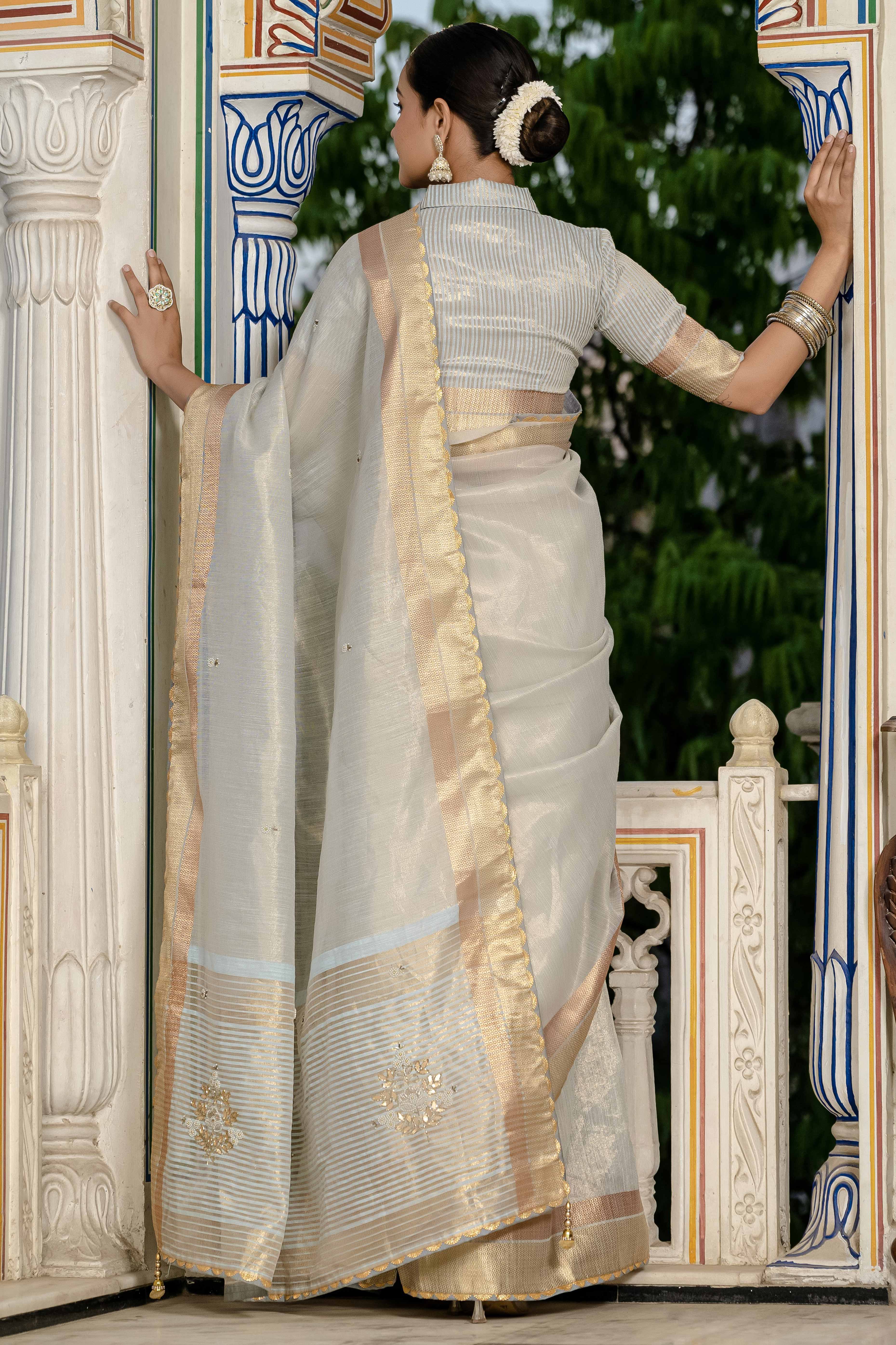 Sky Blue Tissue Linen Saree Featuring Intricate Zari and Beadwork - Image 3