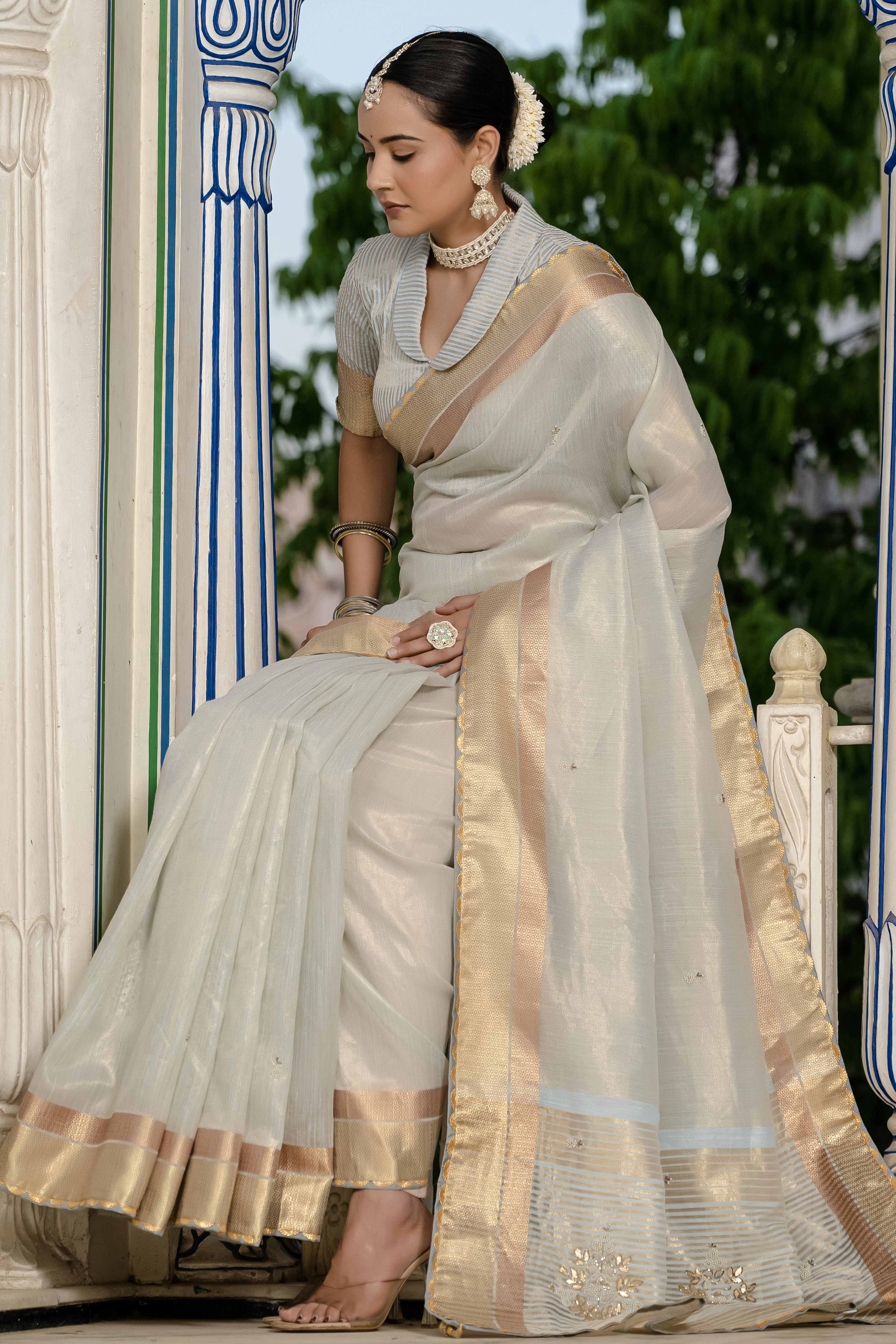 Sky Blue Tissue Linen Saree Featuring Intricate Zari and Beadwork - Image 4