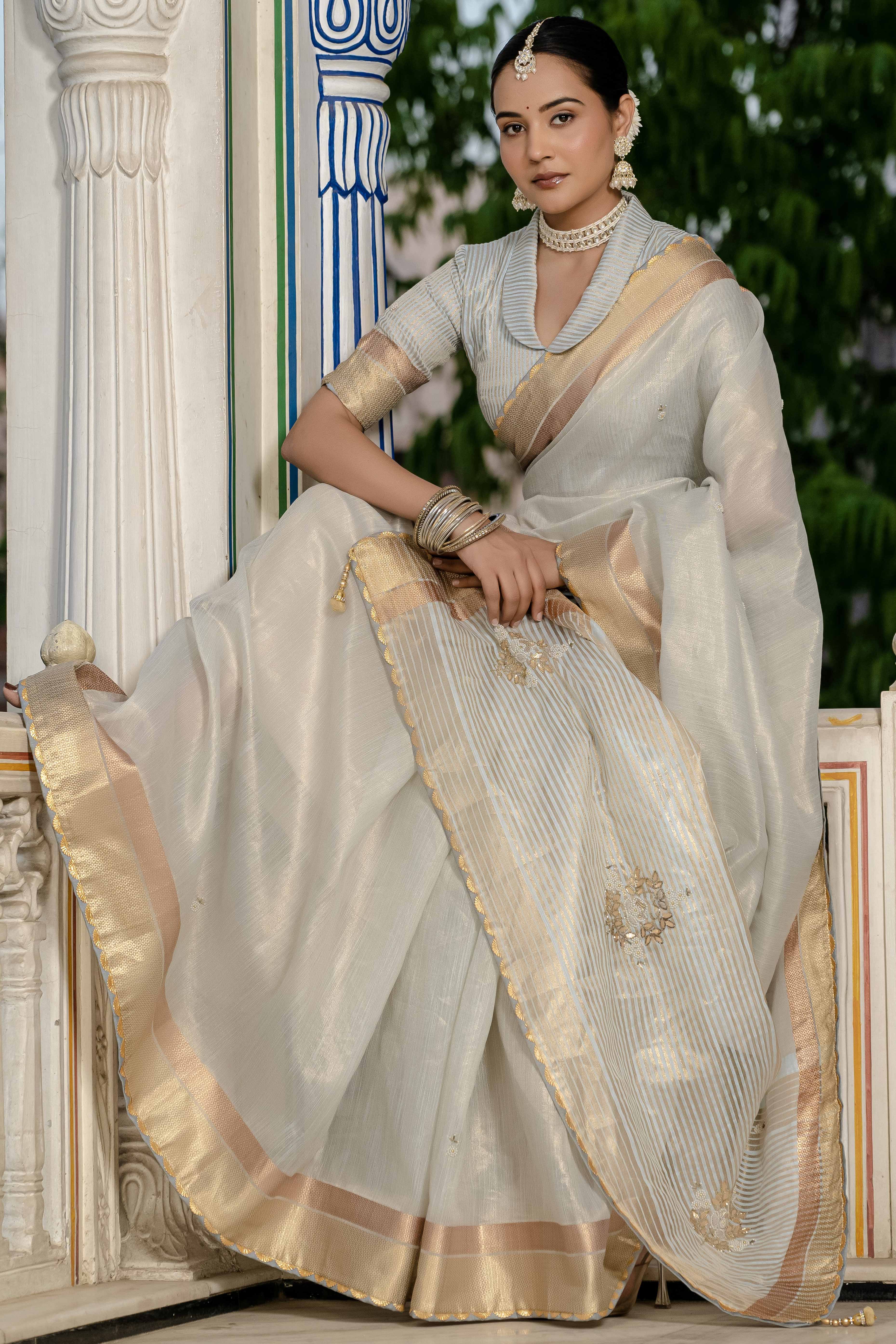Sky Blue Tissue Linen Saree Featuring Intricate Zari and Beadwork - Image 5
