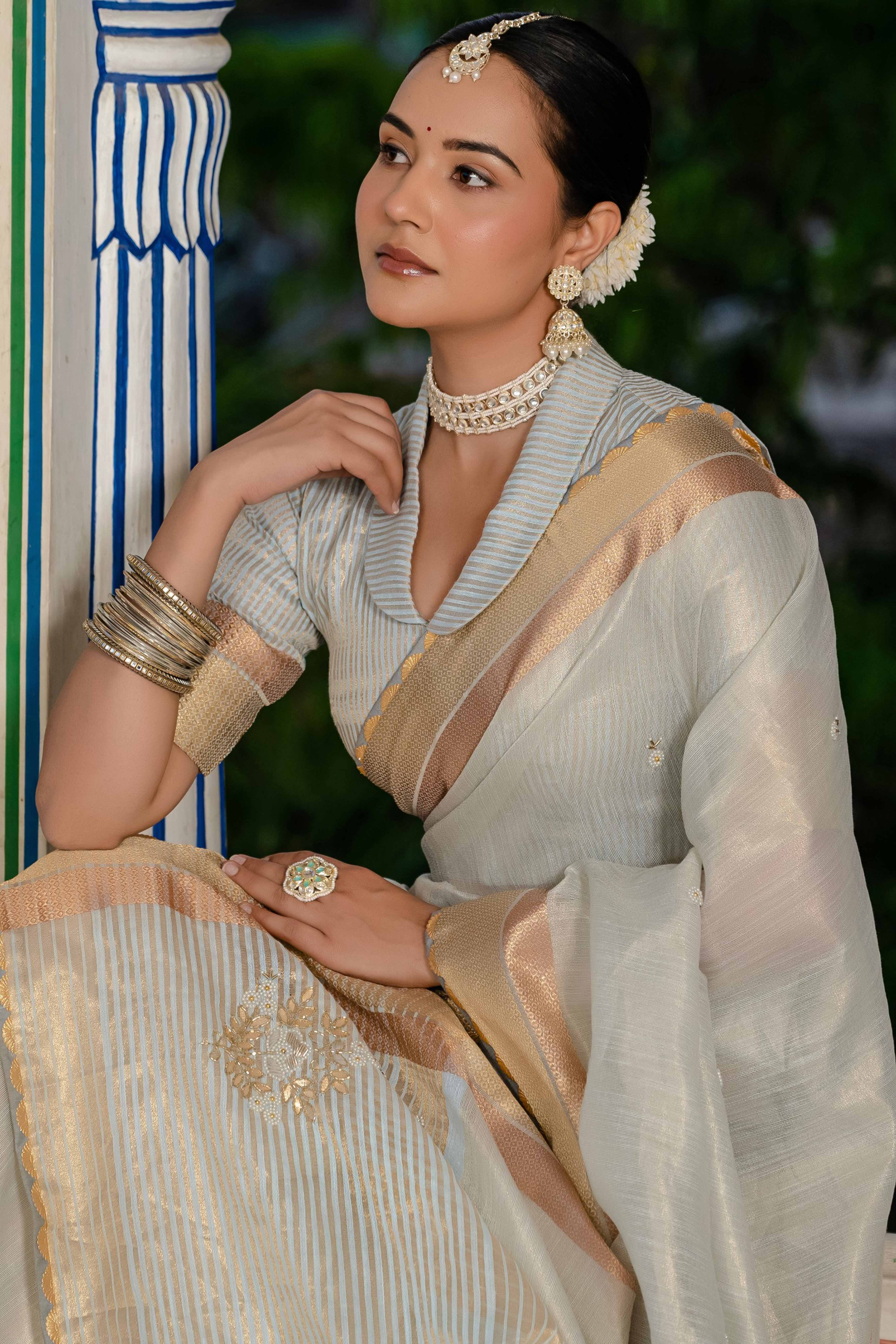 Sky Blue Tissue Linen Saree Featuring Intricate Zari and Beadwork - Image 6