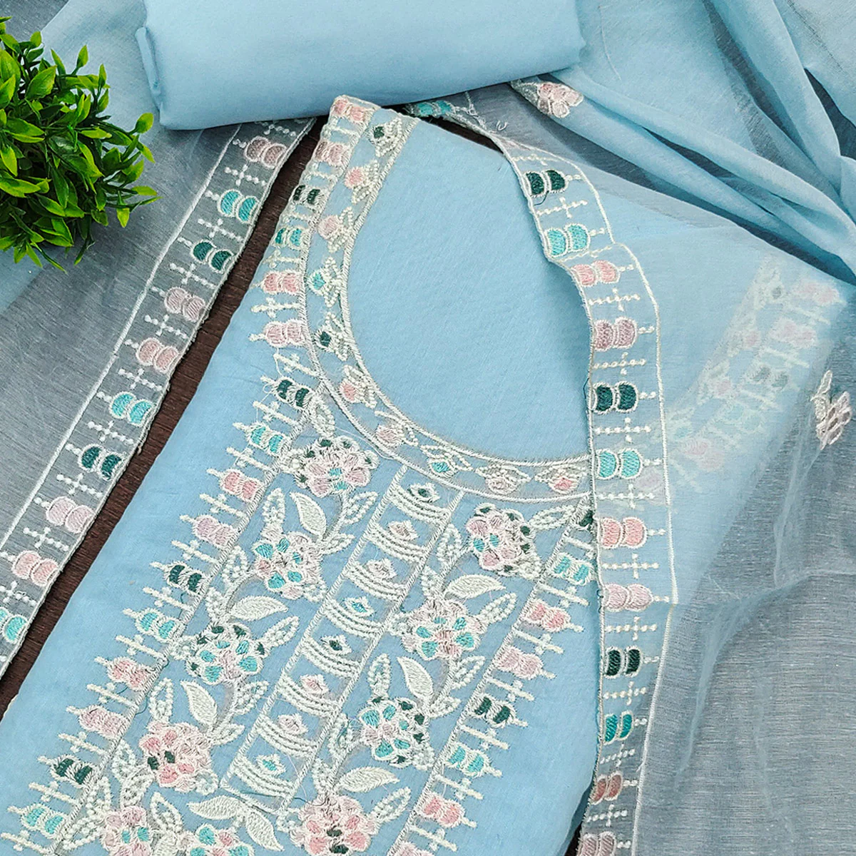 Sky Blue Unstitched Suit Material in Premium Floral Thread Embroidered Chanderi Silk - Image 2