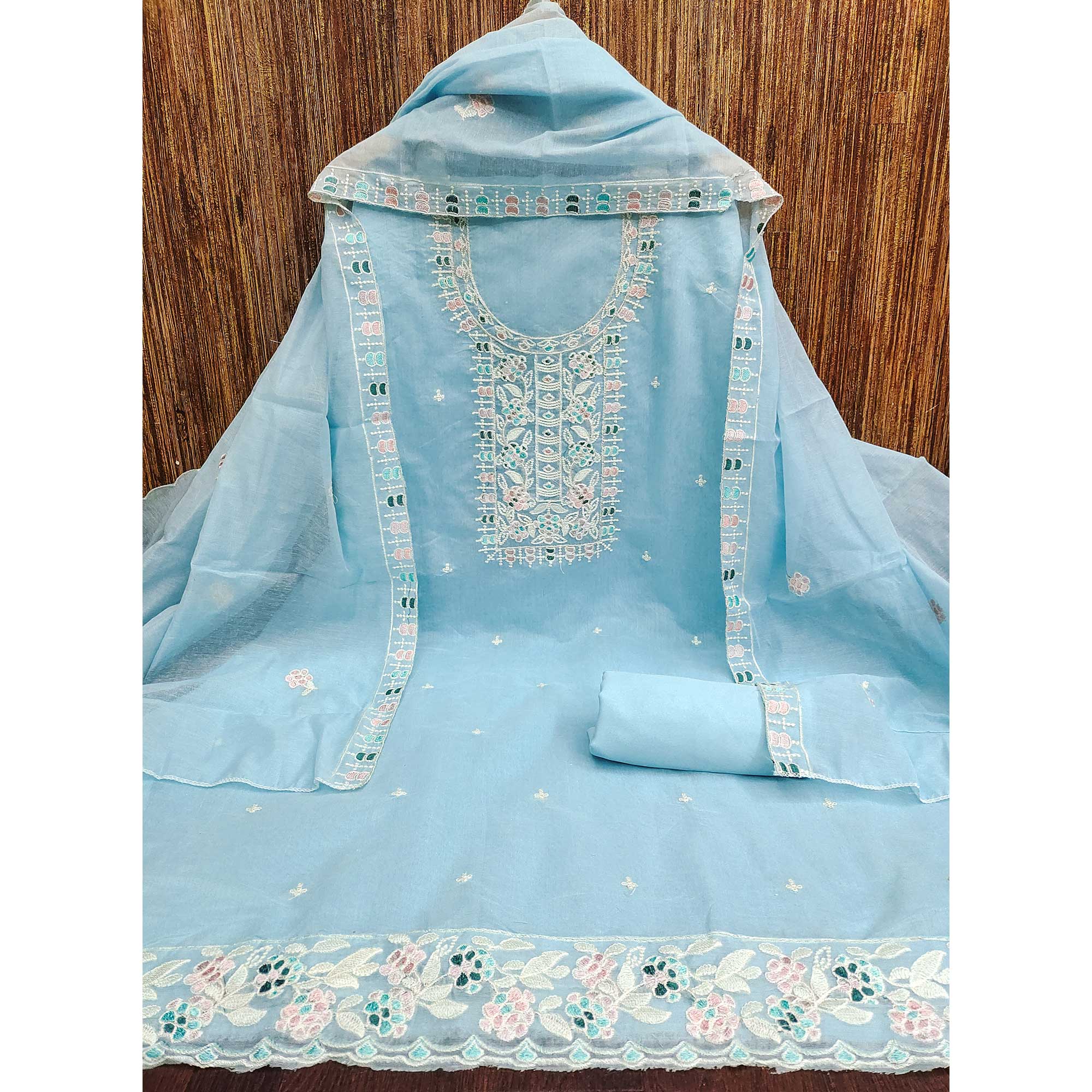Sky Blue Unstitched Suit Material in Premium Floral Thread Embroidered Chanderi Silk - Image 3