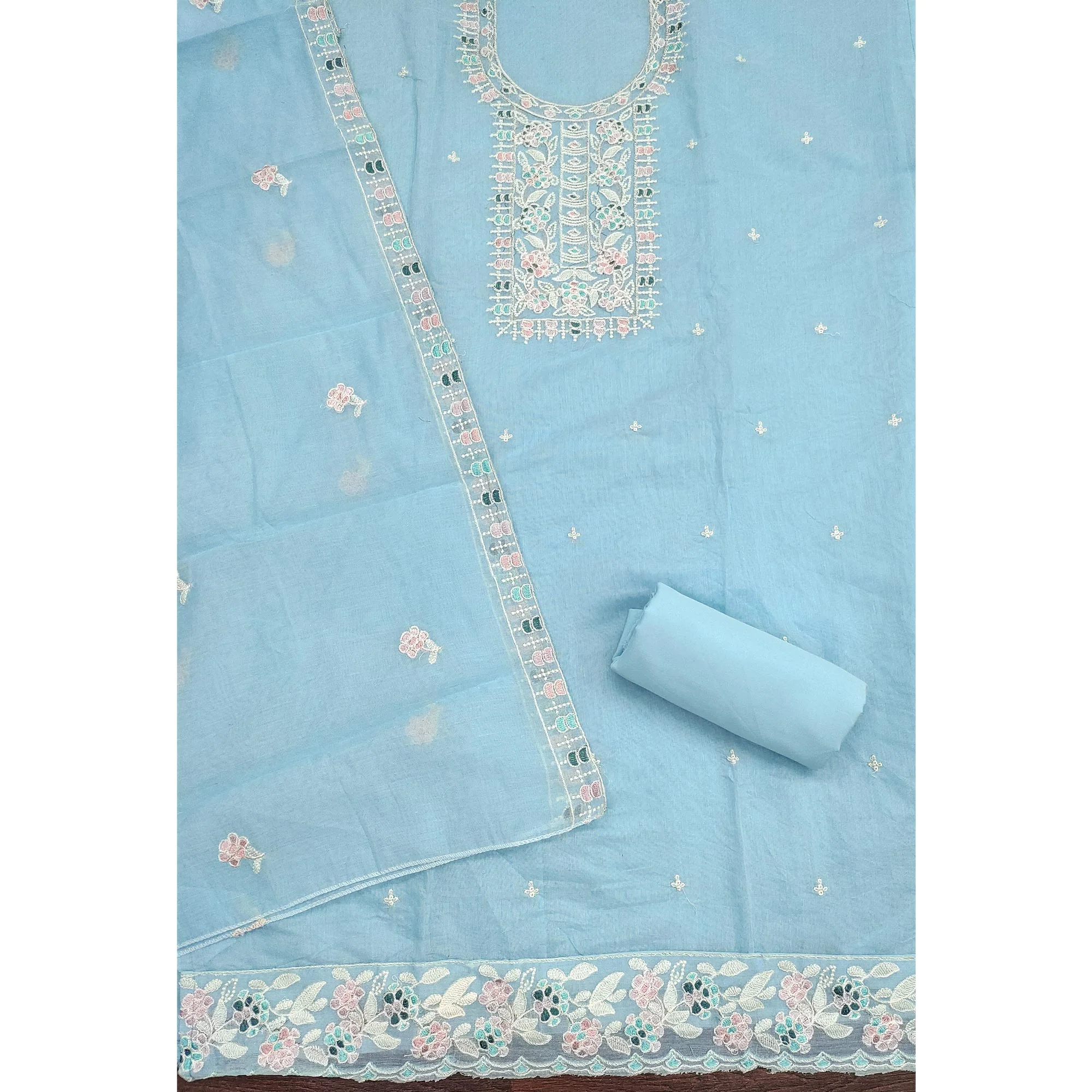Sky Blue Unstitched Suit Material in Premium Floral Thread Embroidered Chanderi Silk - Image 4