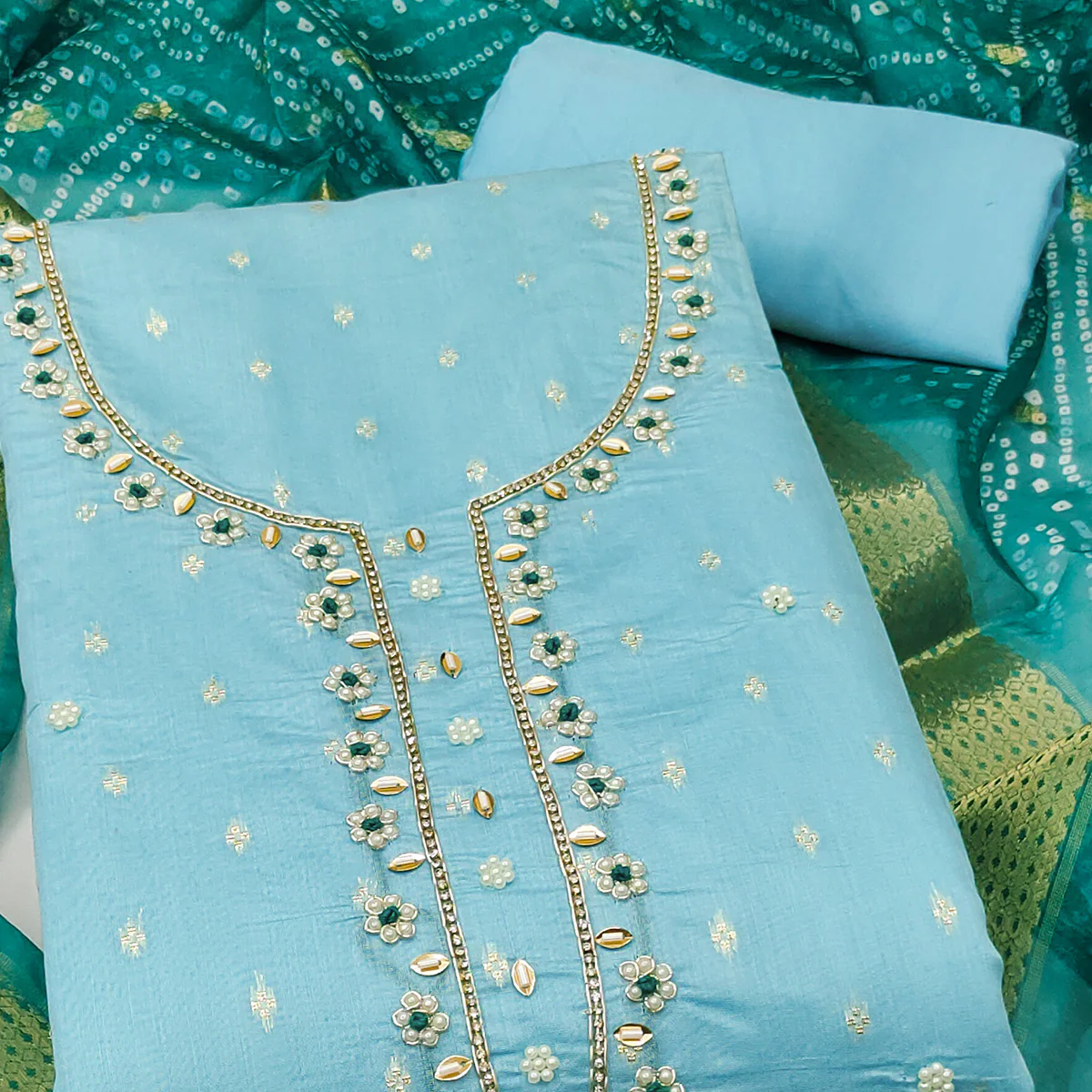 Sky Blue Woven Banarasi Cotton Silk Dress Material with Artistic Bead Work and Classic Texture - Image 2