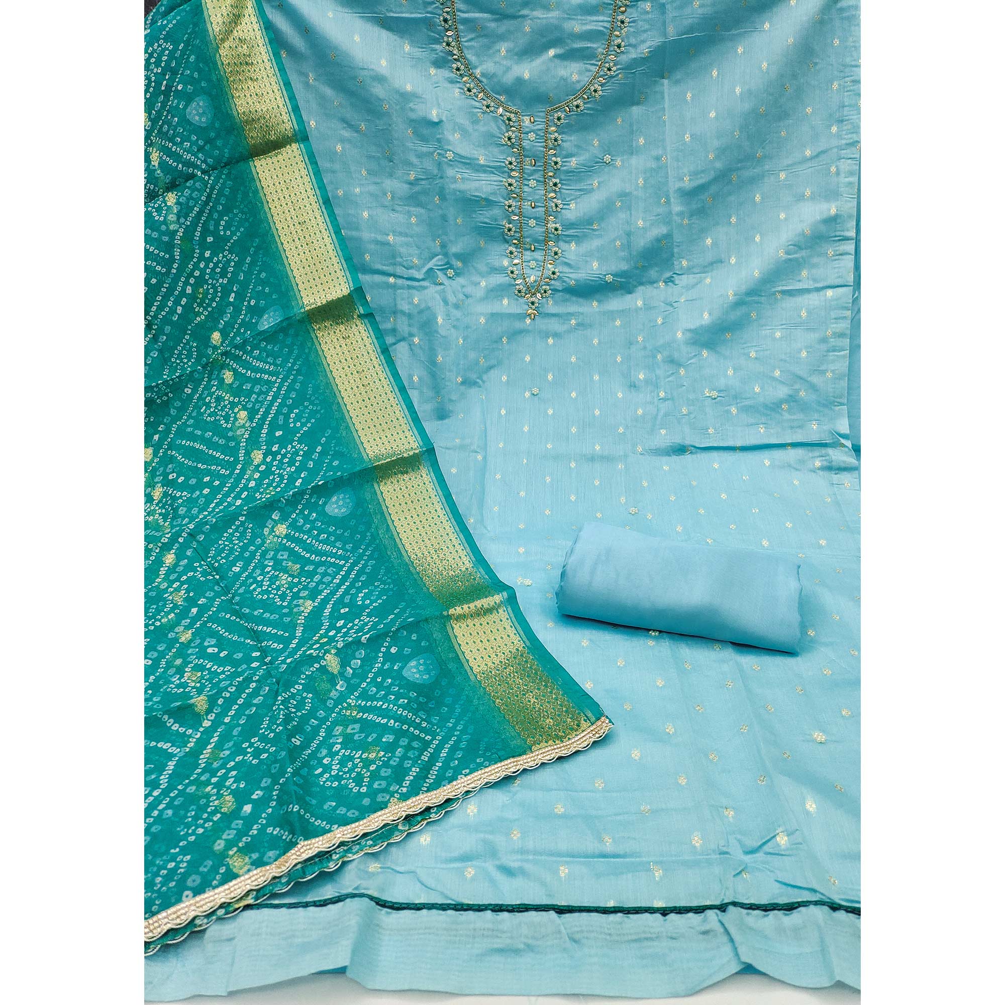 Sky Blue Woven Banarasi Cotton Silk Dress Material with Artistic Bead Work and Classic Texture - Image 4