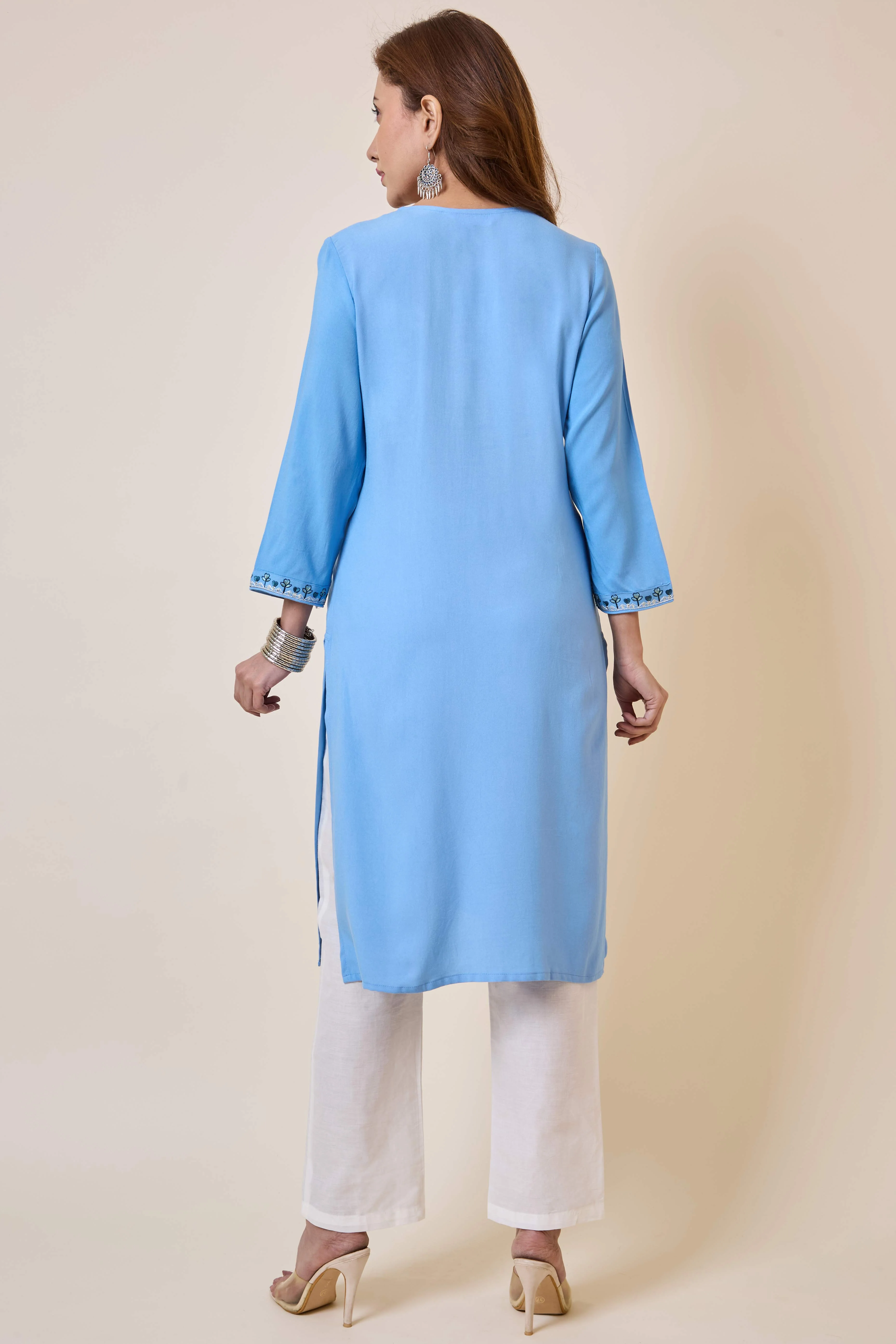 Sky Blue Yoke Embroidered Rayon Straight Kurti - Image 3