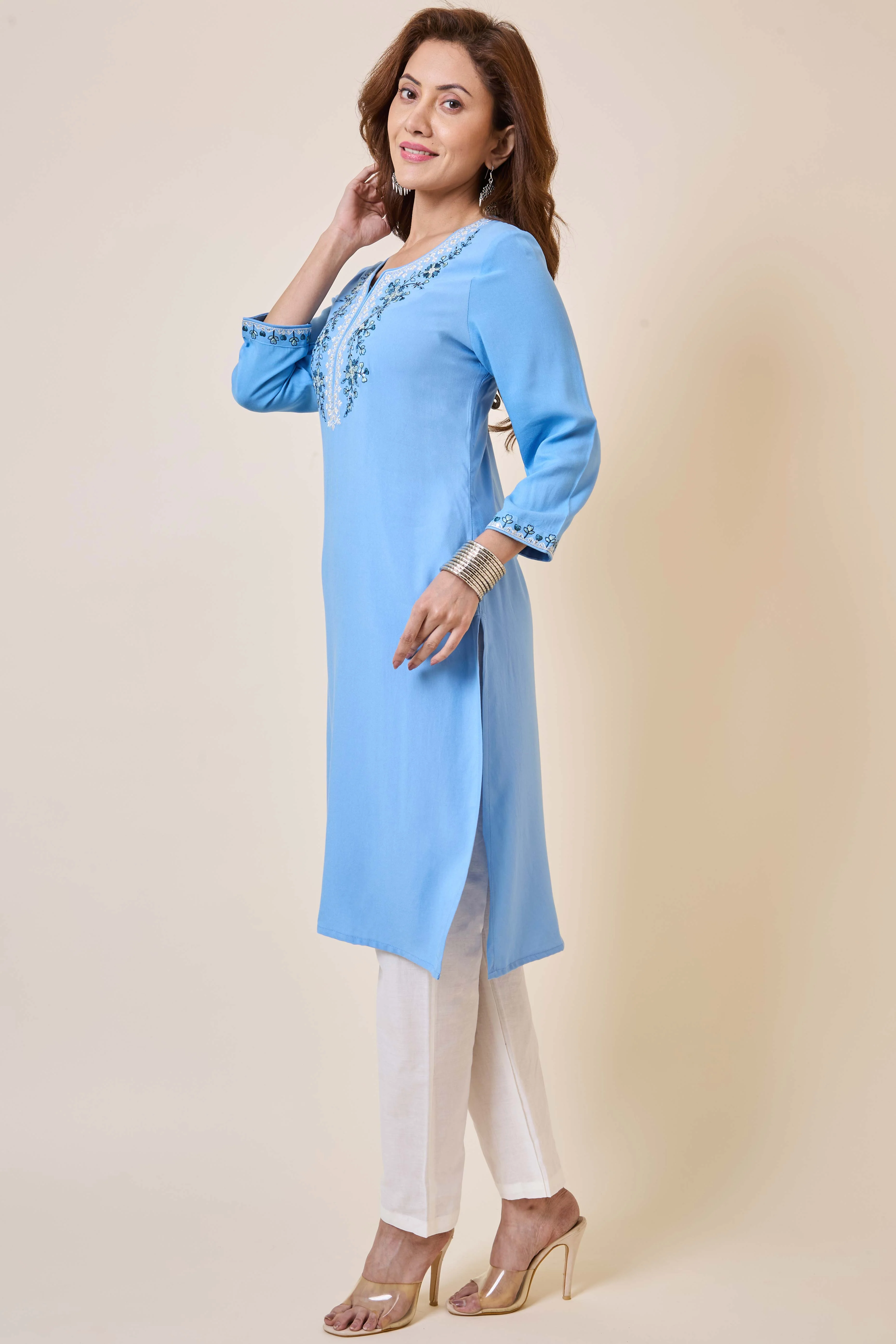 Sky Blue Yoke Embroidered Rayon Straight Kurti - Image 4