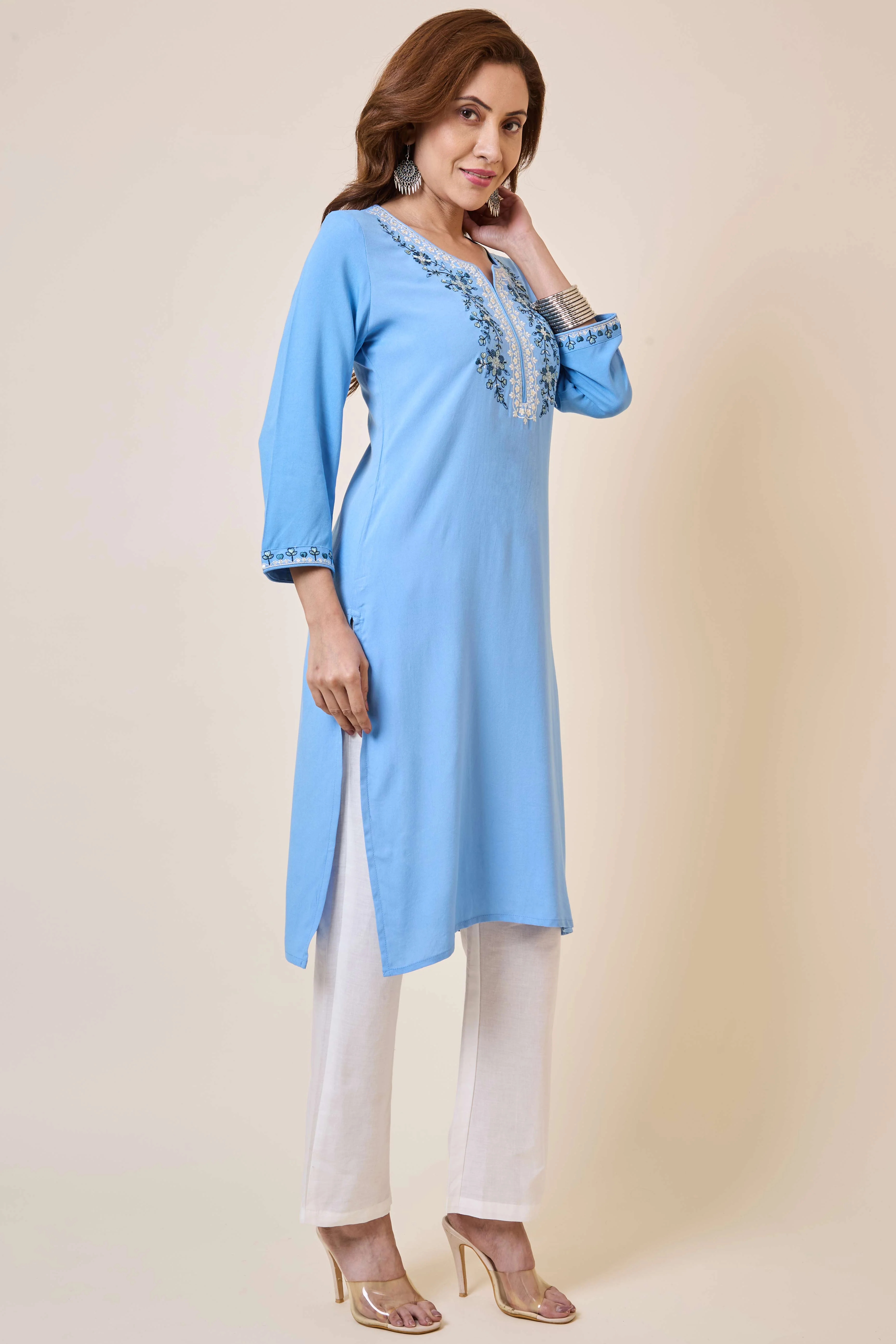 Sky Blue Yoke Embroidered Rayon Straight Kurti - Image 5