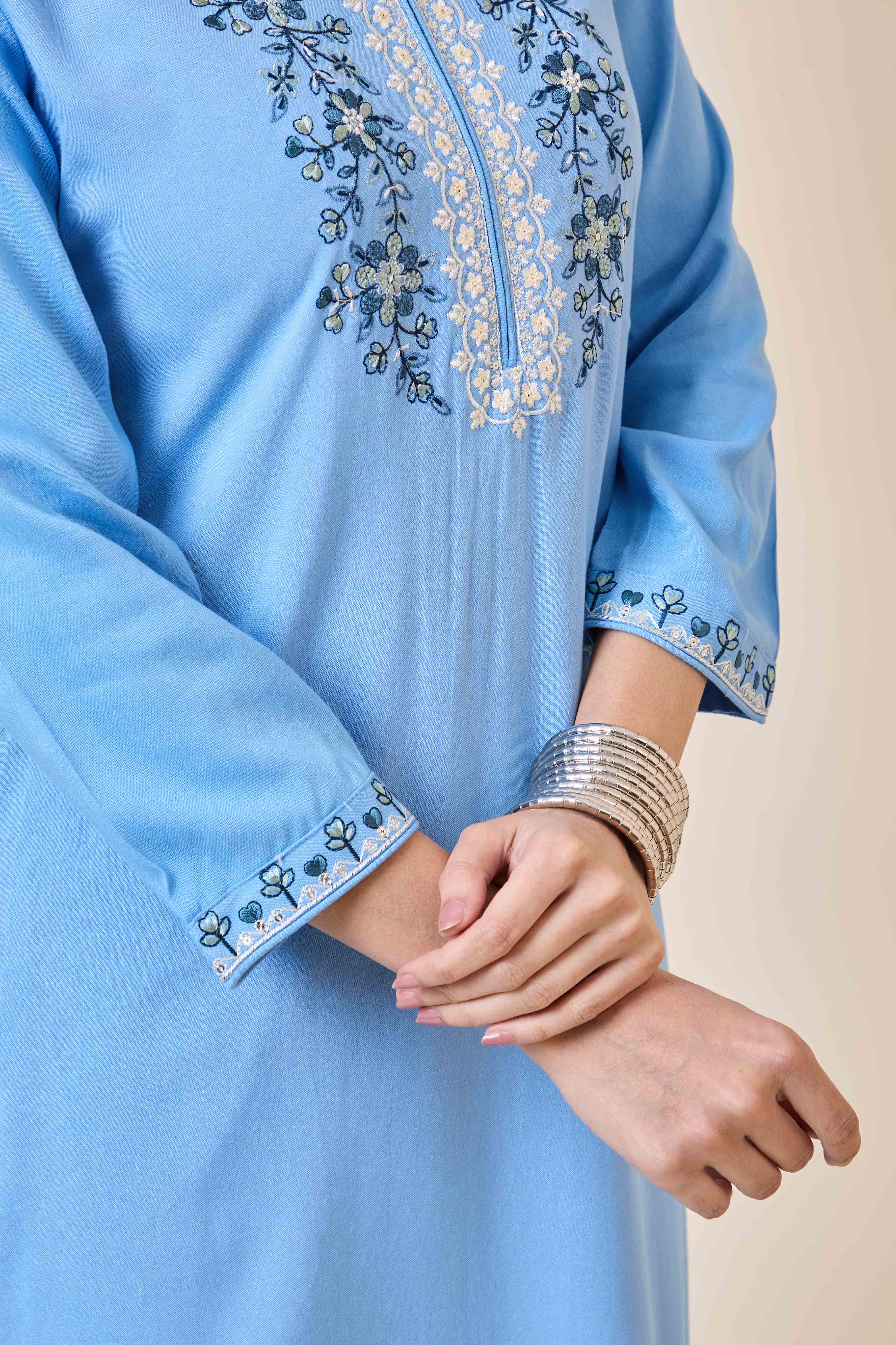 Sky Blue Yoke Embroidered Rayon Straight Kurti - Image 6