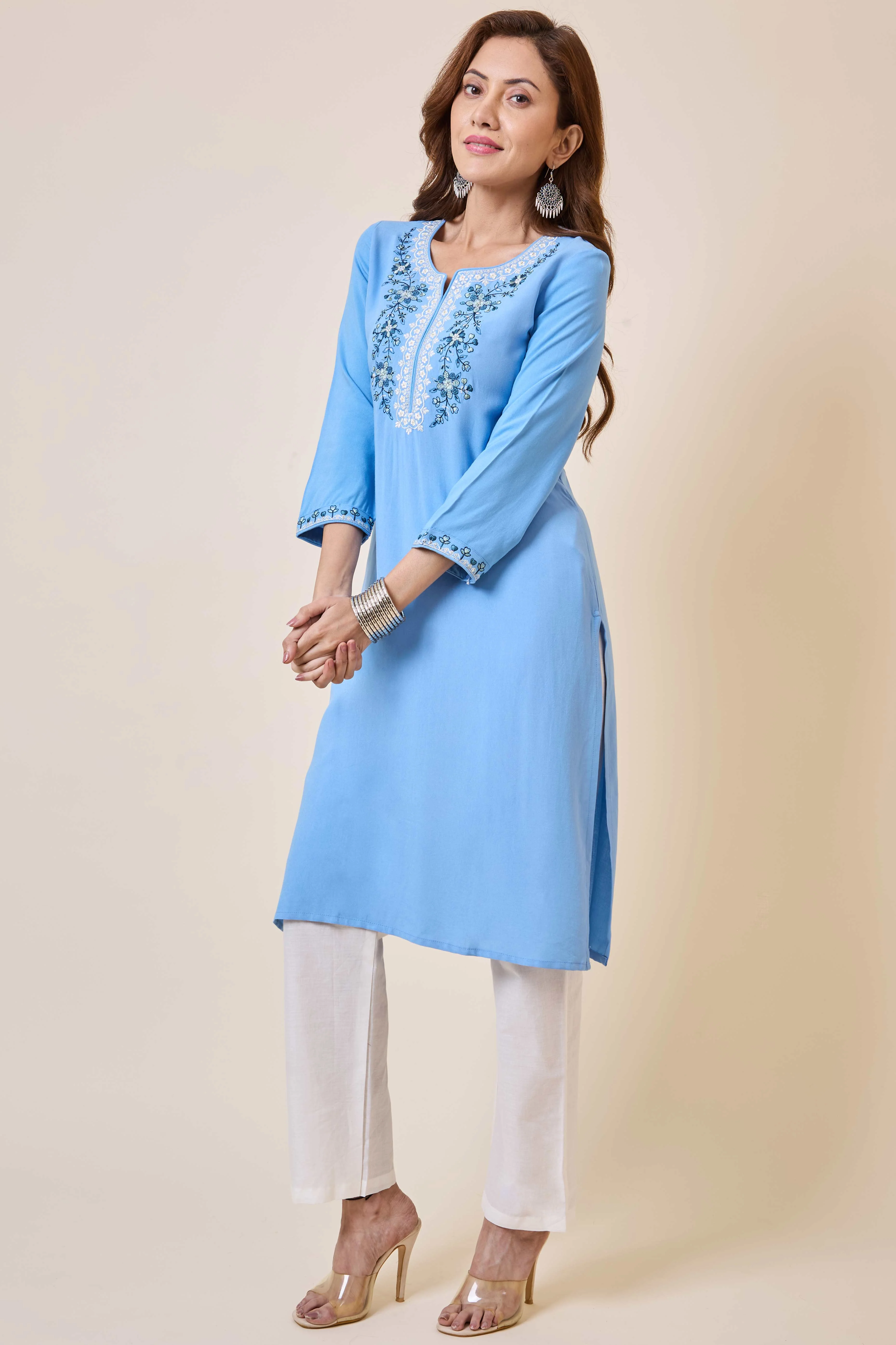Sky Blue Yoke Embroidered Rayon Straight Kurti - Image 7