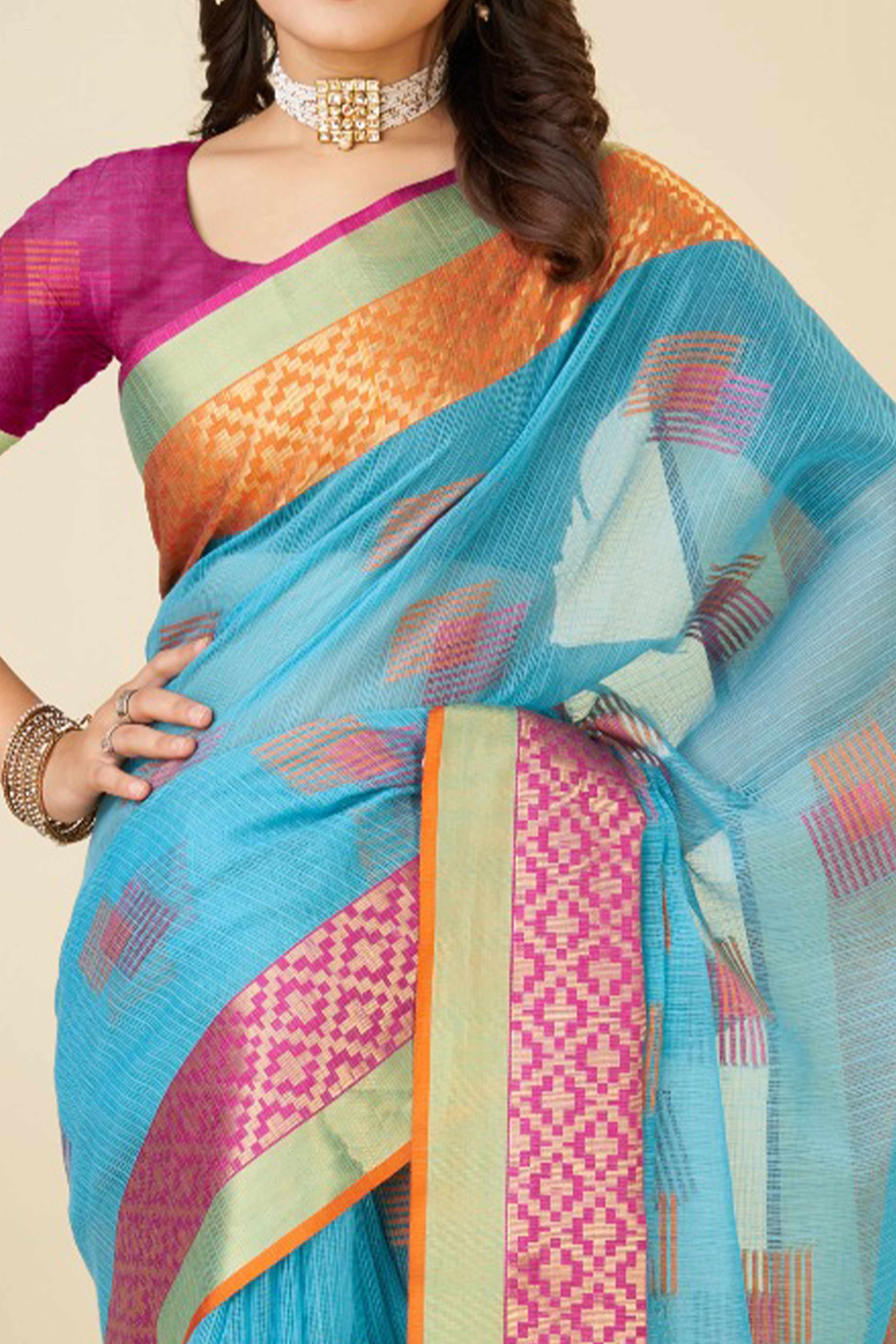 Sky Blue Zari Weaving Cotton Blend Saree - Image 2