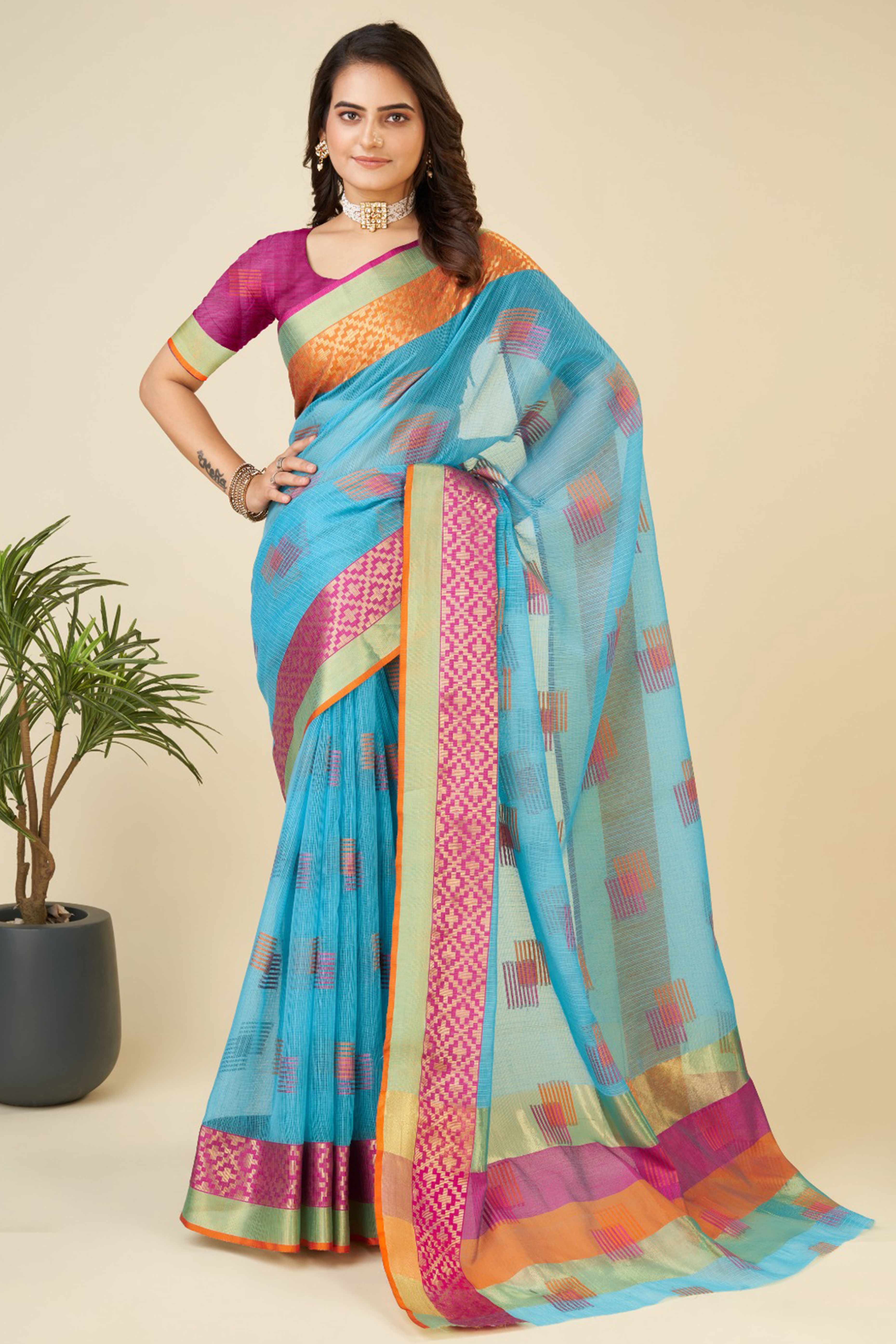 Sky Blue Zari Weaving Cotton Blend Saree - Image 3