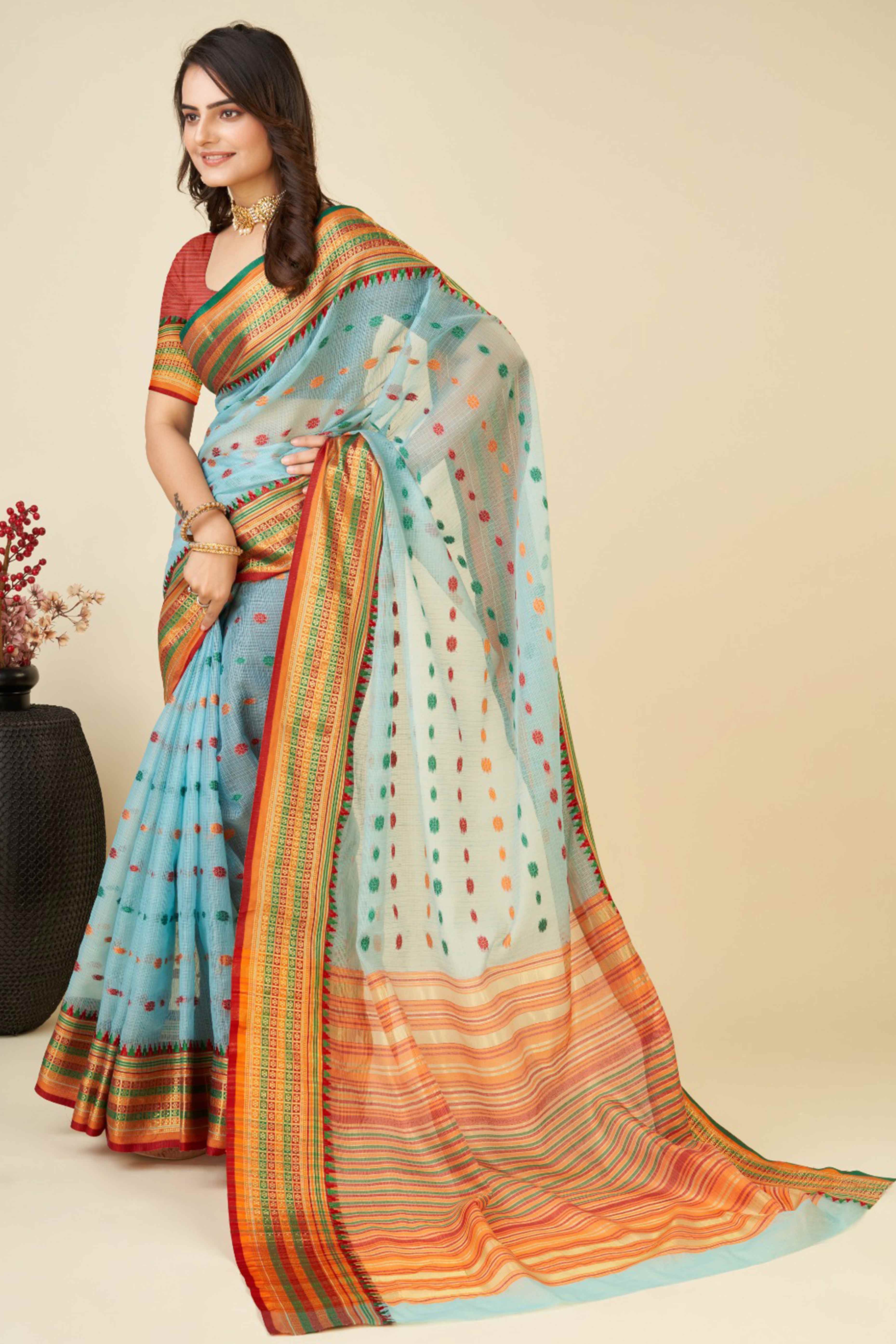 Sky Blue Zari Weaving Cotton Silk Saree - Image 3