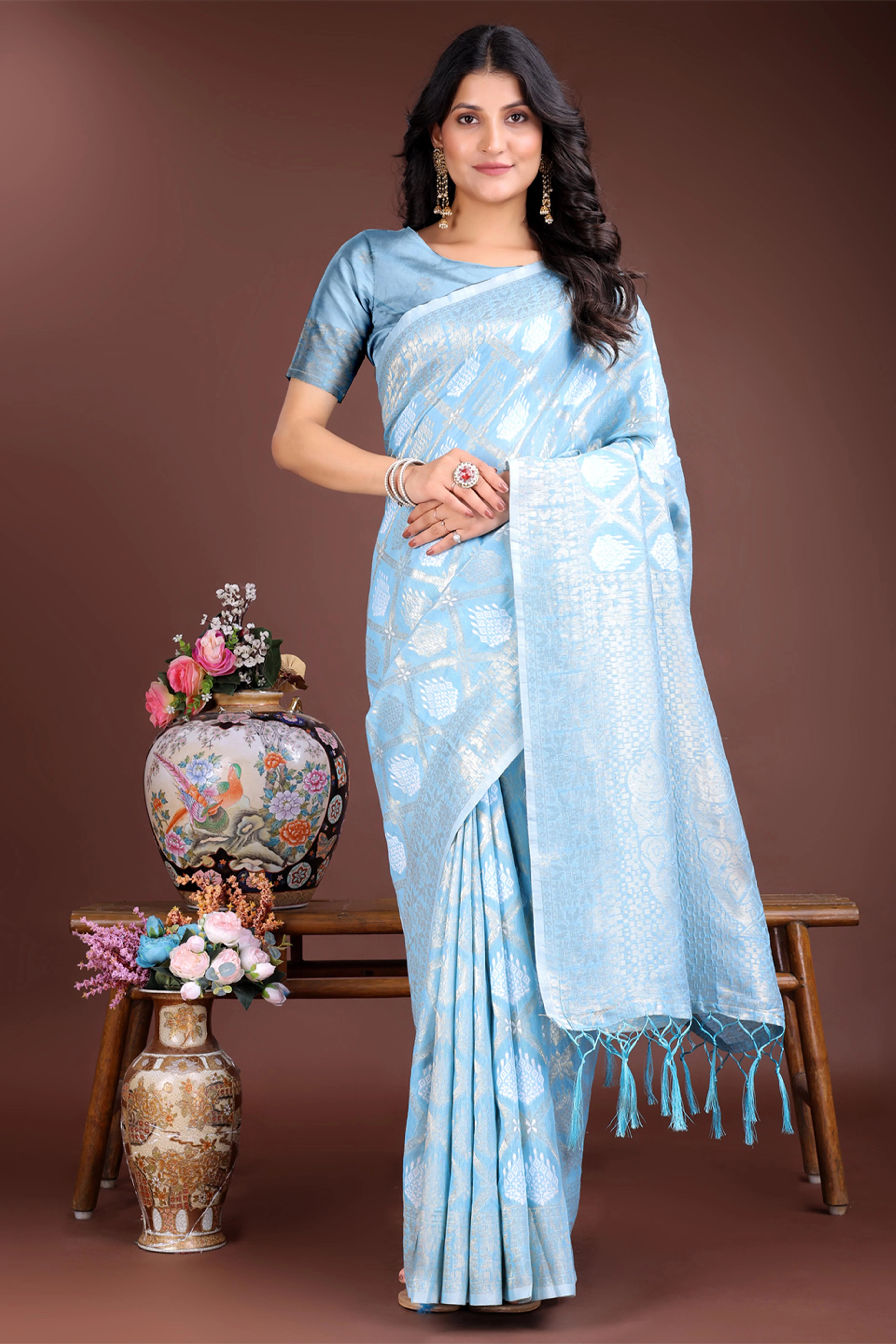 Sky Blue Zari Woven Linen Cotton Saree with Graceful Tassels - Image 3