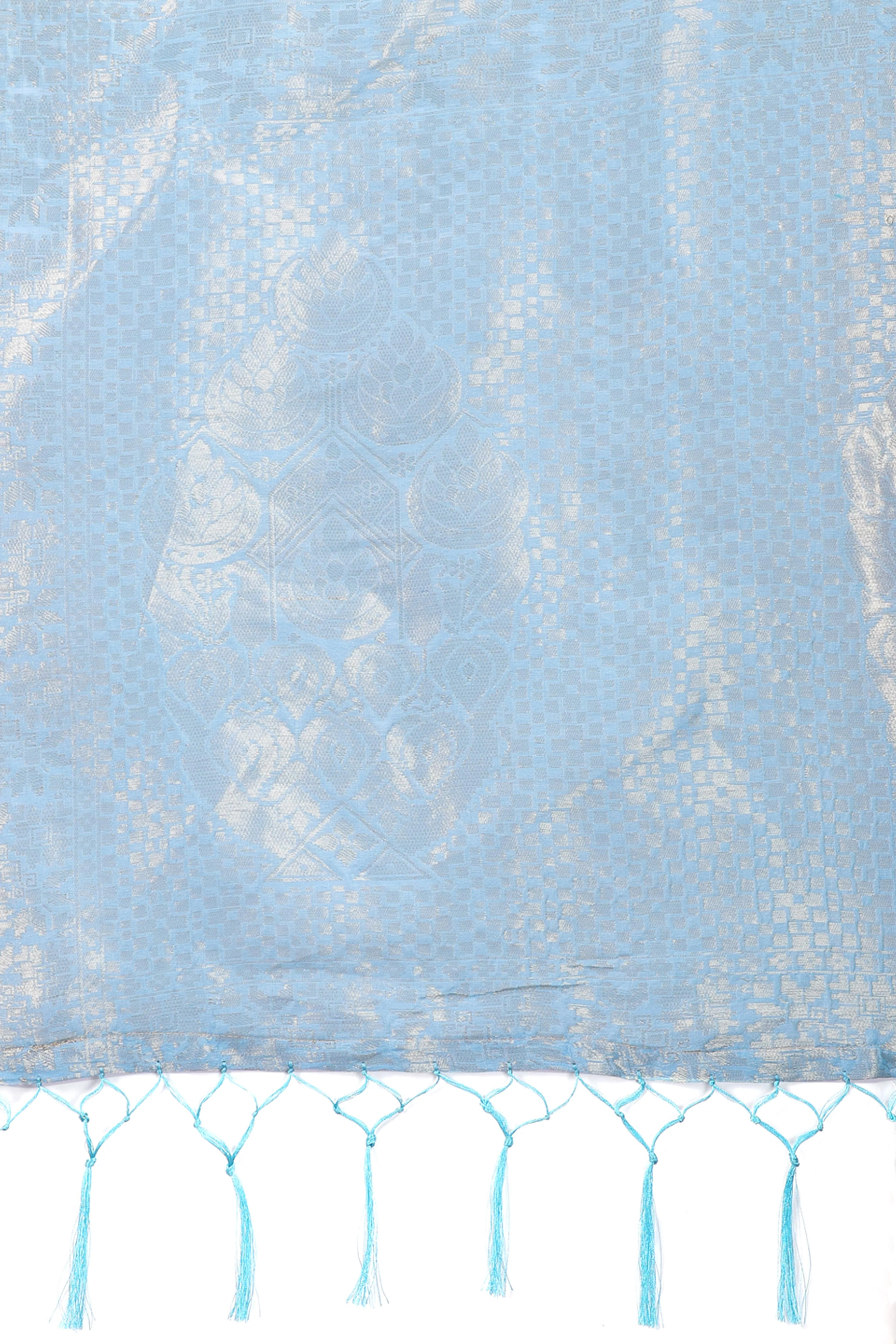 Sky Blue Zari Woven Linen Cotton Saree with Graceful Tassels - Image 6