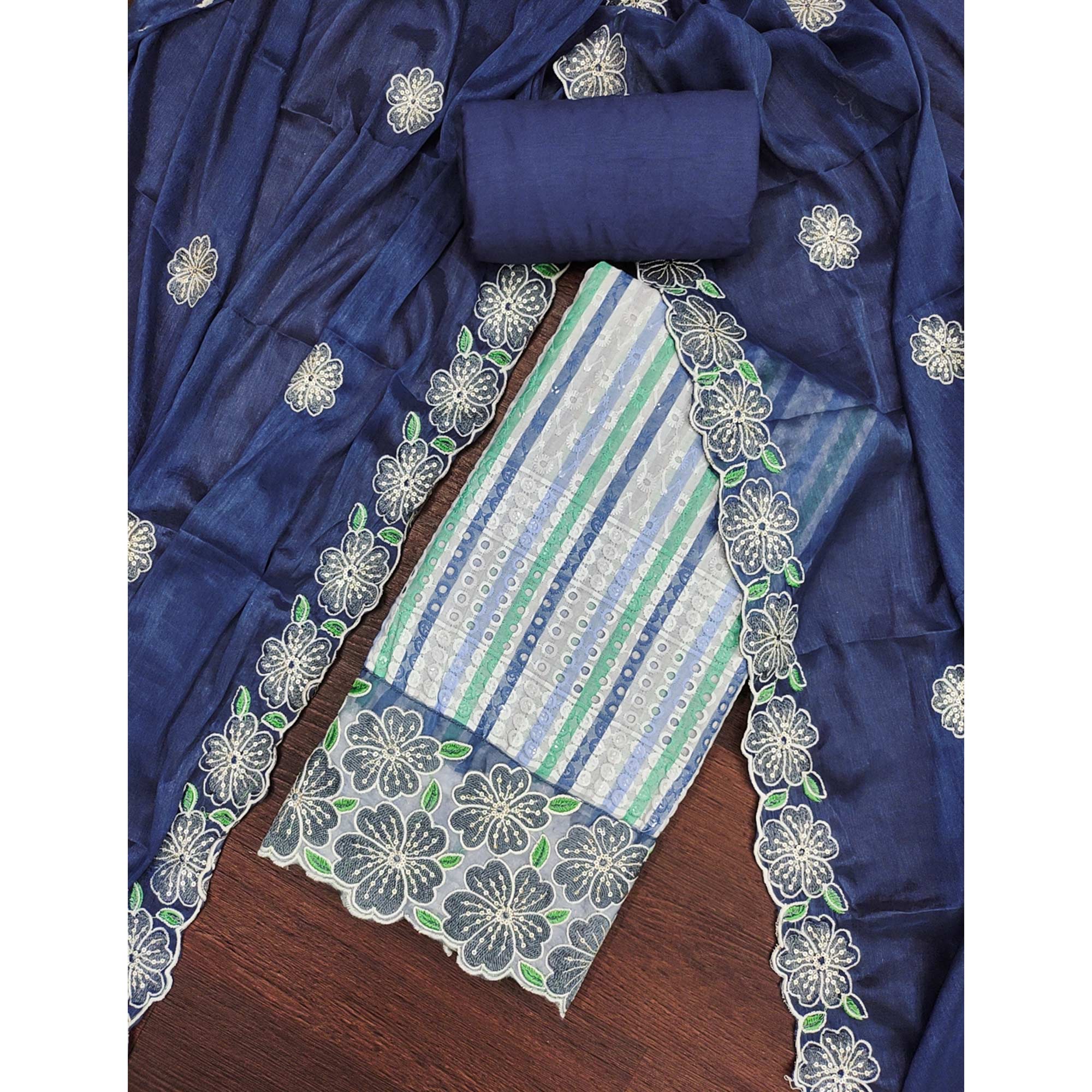 Soft and Comfortable Blue Pure Cambric Cotton Dress Fabric with Fine Floral Embroidery - Image 3