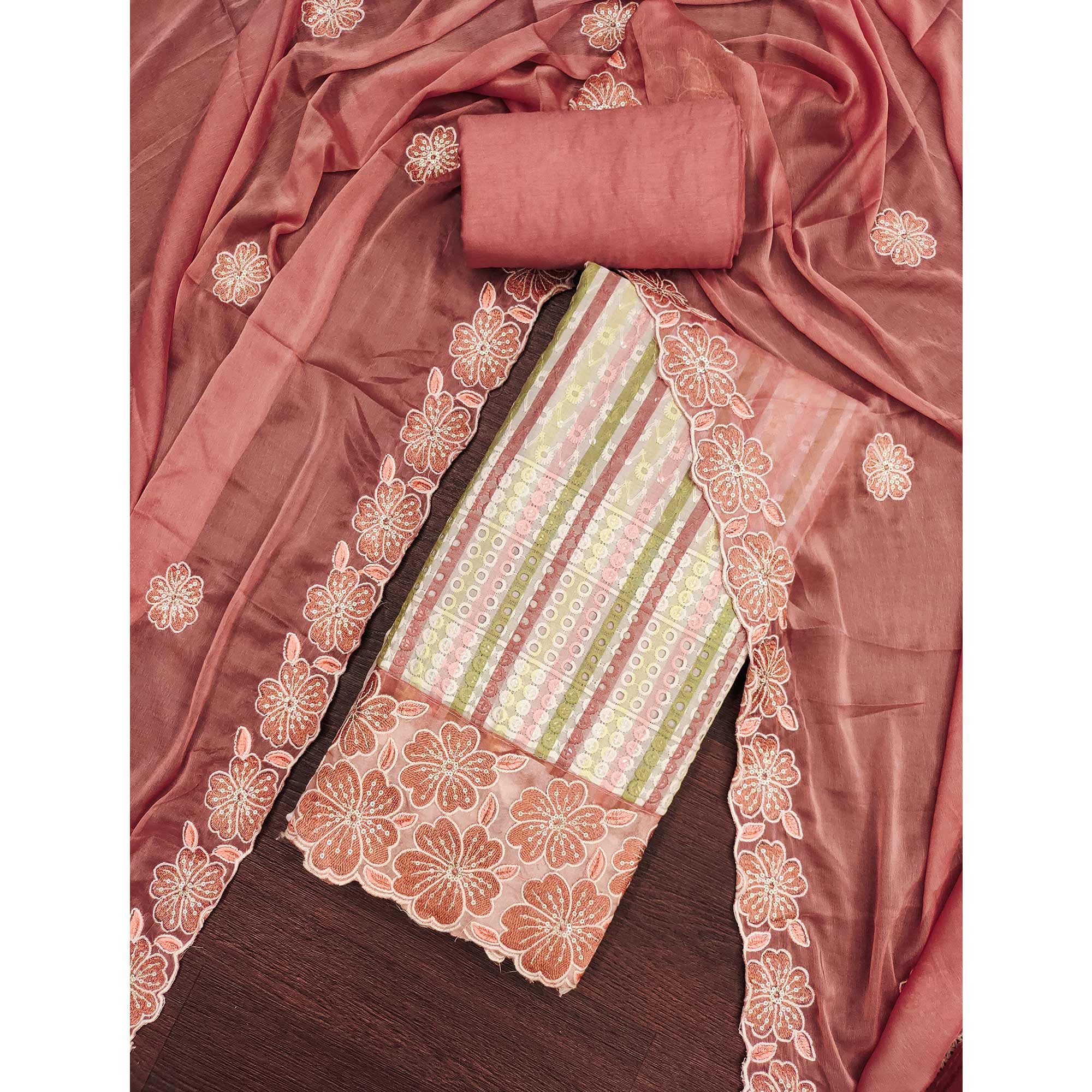 Soft and Comfortable Dusty Rose Pink Pure Cambric Cotton Dress Fabric with Fine Floral Embroidery - Image 3