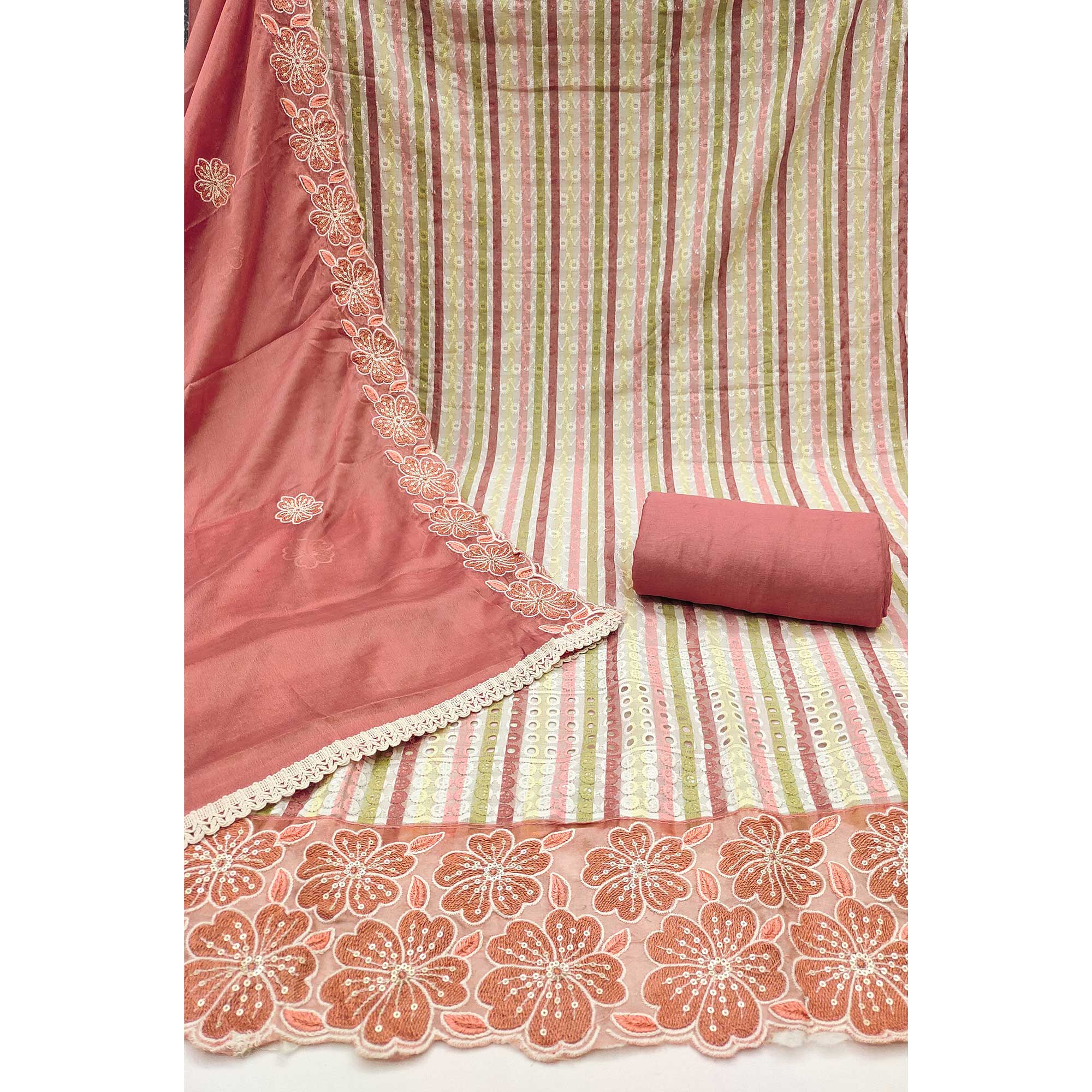 Soft and Comfortable Dusty Rose Pink Pure Cambric Cotton Dress Fabric with Fine Floral Embroidery - Image 4